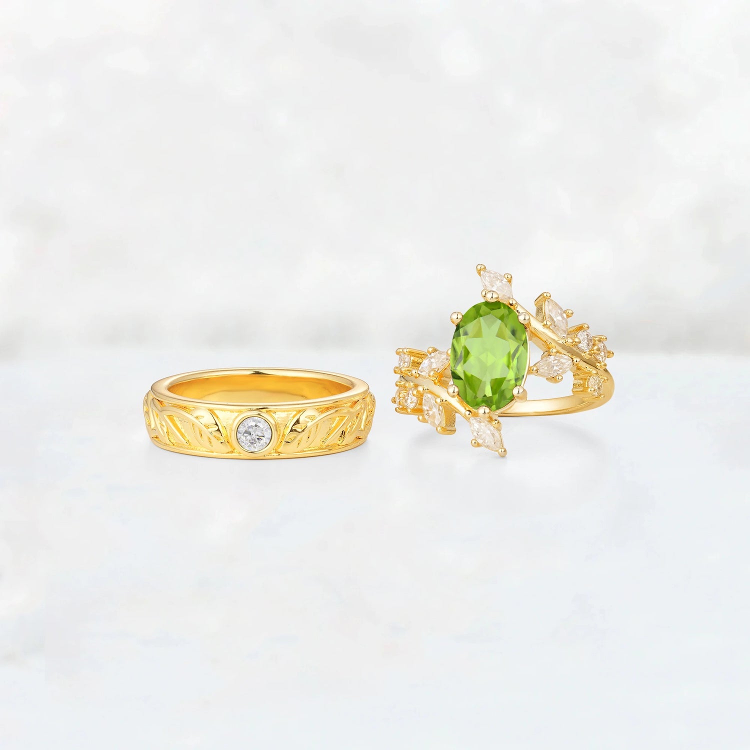 Nature-Inspired Oval Peridot Leaf His and Hers Couple Ring