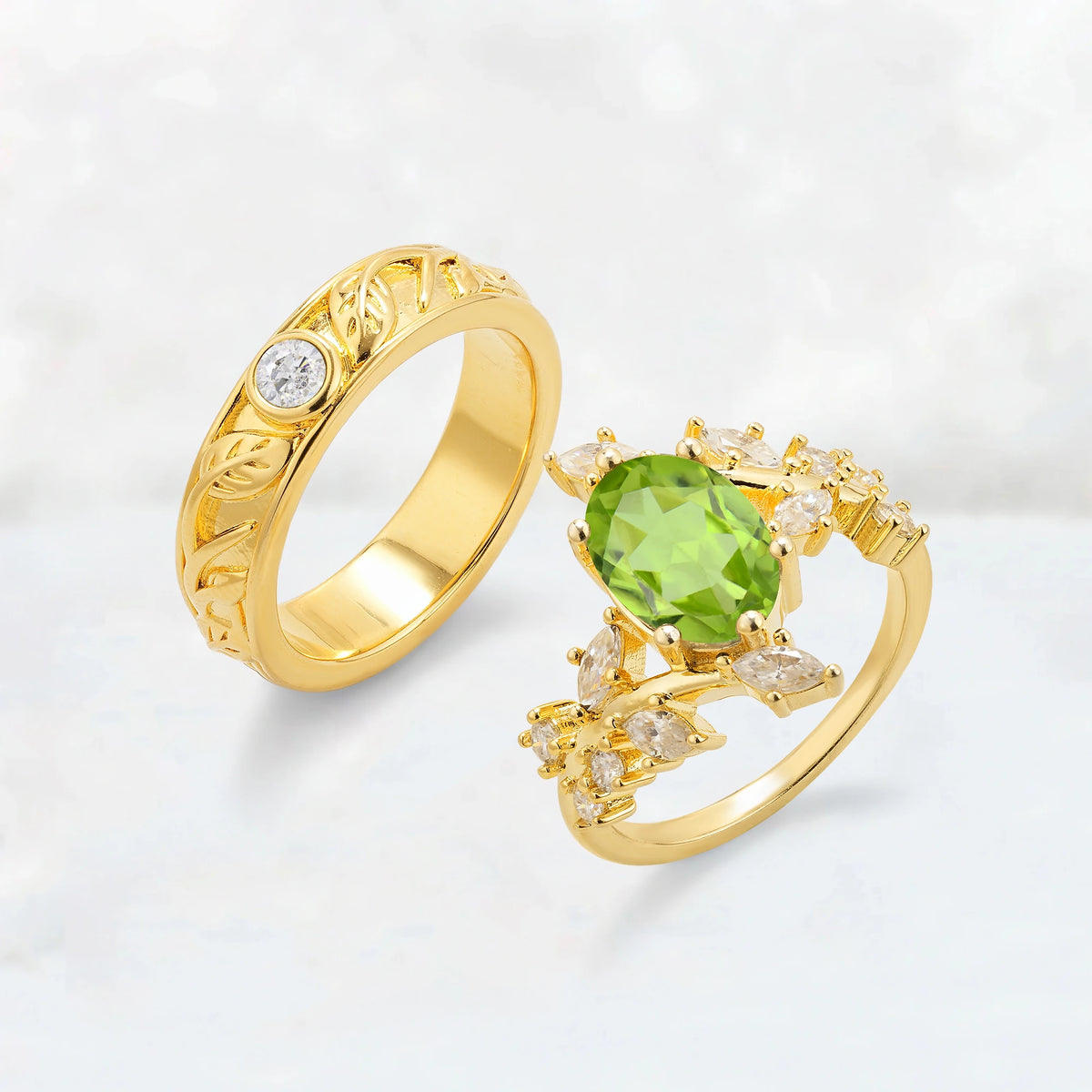 Nature-Inspired Oval Peridot Leaf His and Hers Couple Ring
