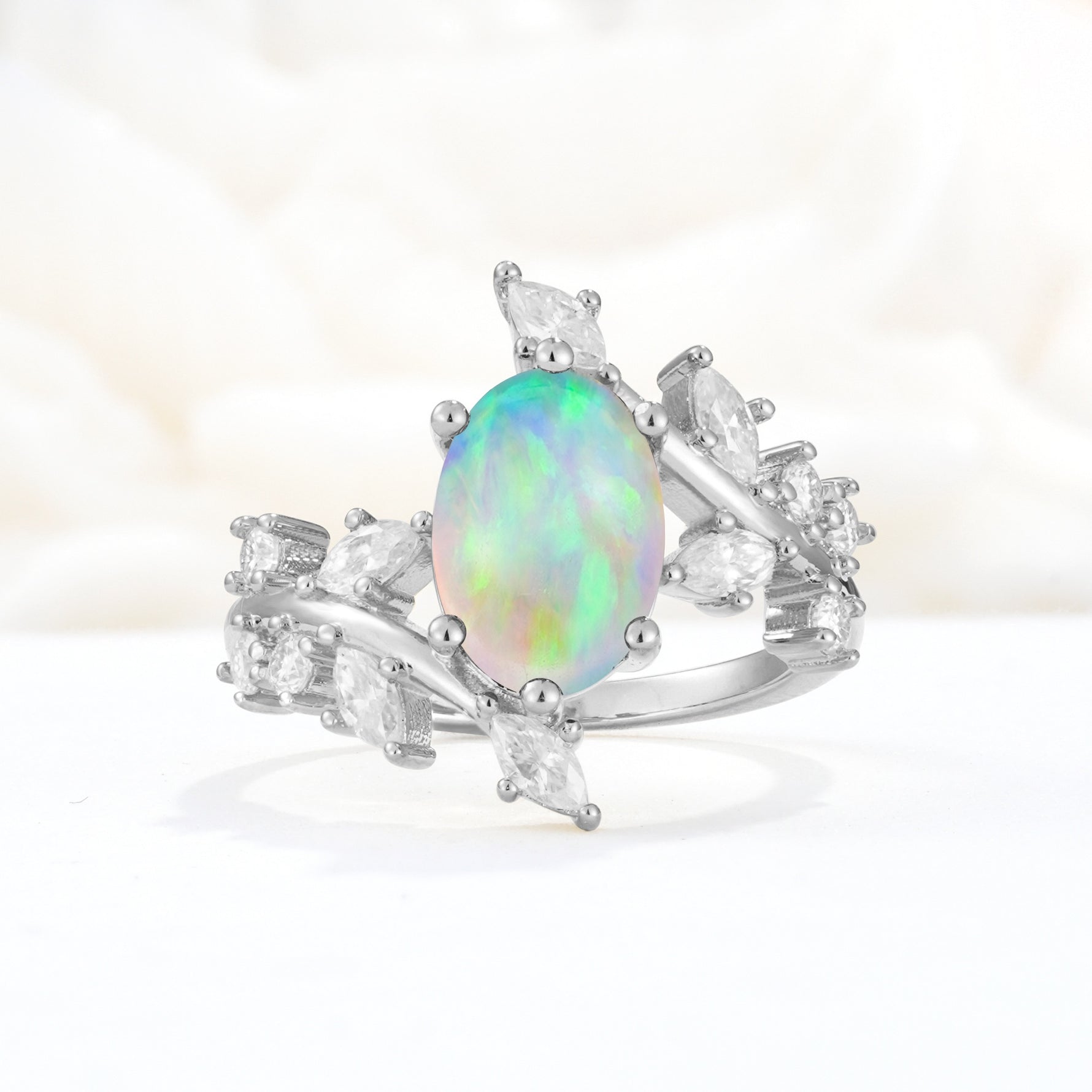 Romantic Oval Cut Marquise Leaf Cluster Fire Opal Engagement Ring - Additional view