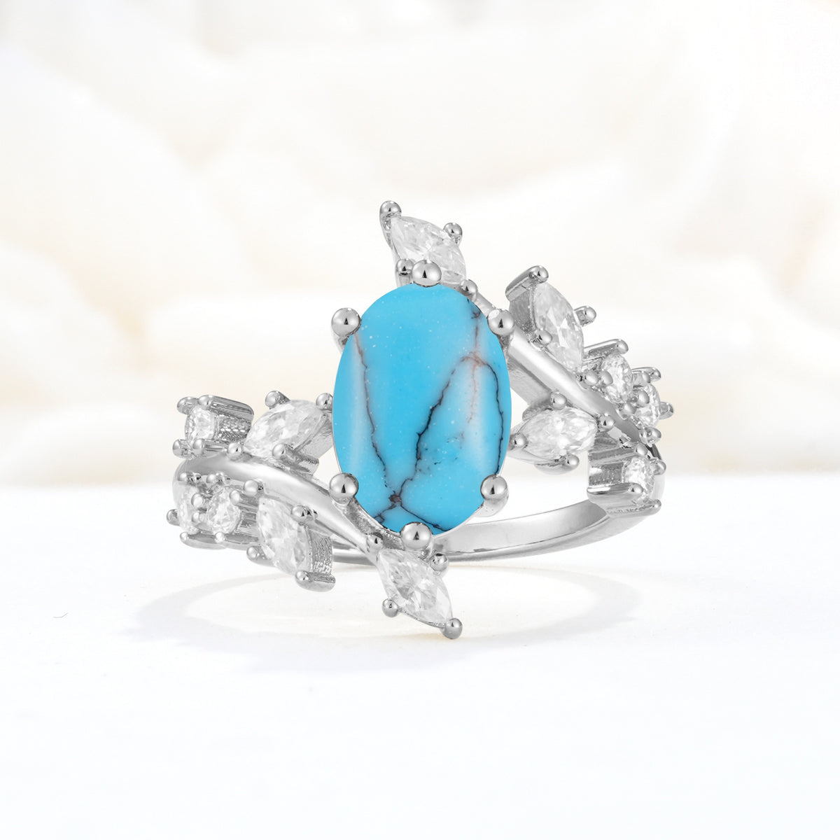 Romantic Oval Cut Marquise Leaf Cluster Turquoise Engagement Ring - Additional view