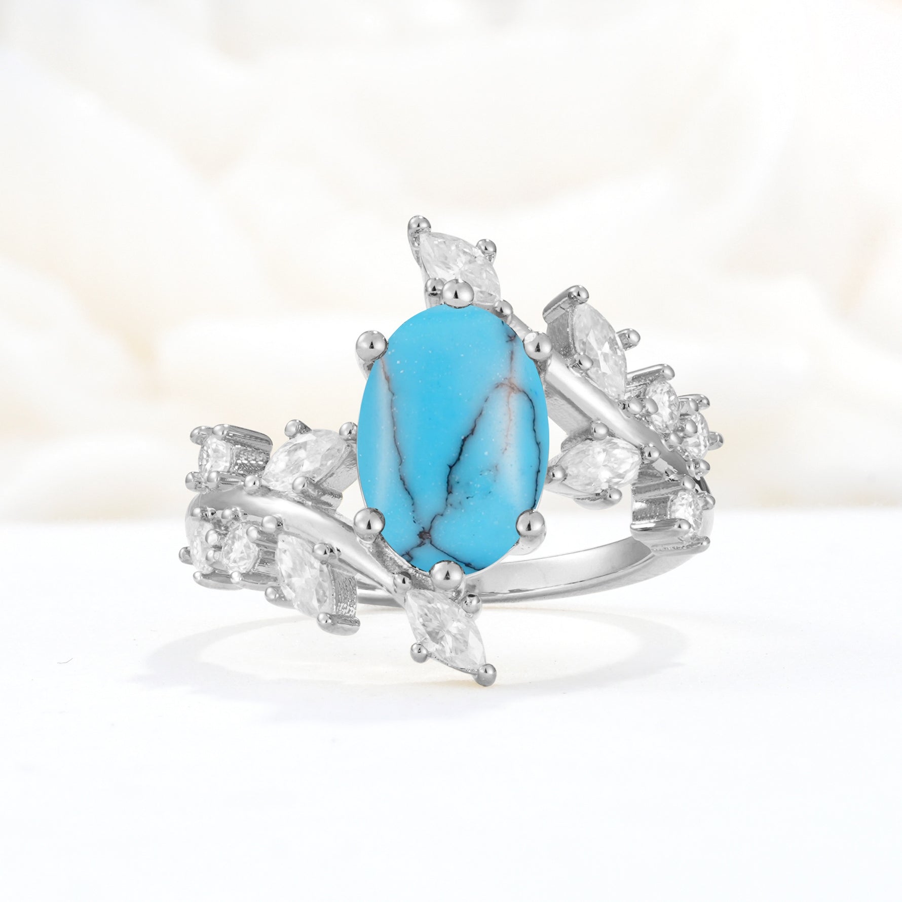 Romantic Oval Cut Marquise Leaf Cluster Turquoise Engagement Ring - Additional view