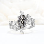Romantic Oval Cut Marquise Leaf Cluster Black Rutilated Quartz Engagement Ring - Additional view