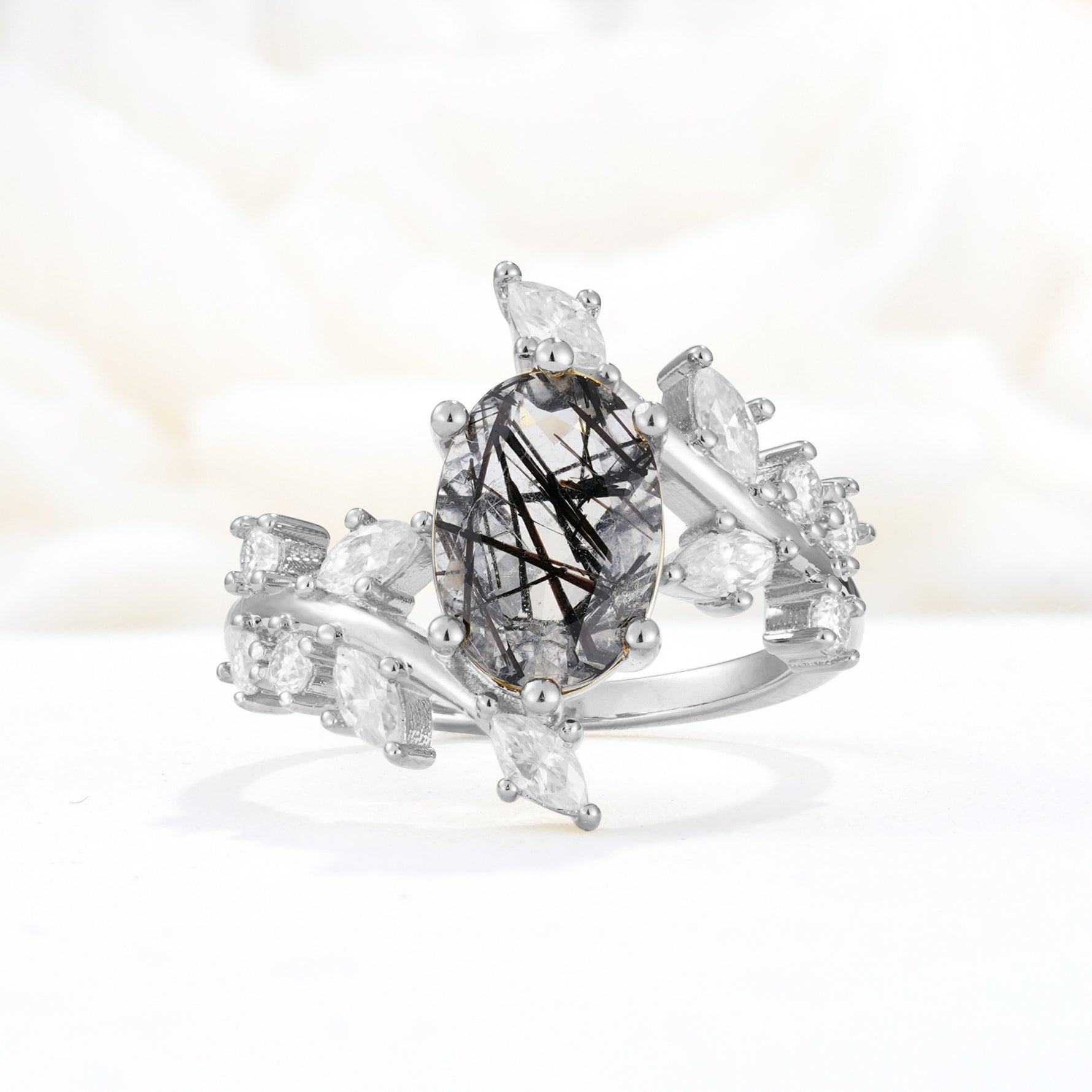 Romantic Oval Cut Marquise Leaf Cluster Black Rutilated Quartz Engagement Ring - Additional view