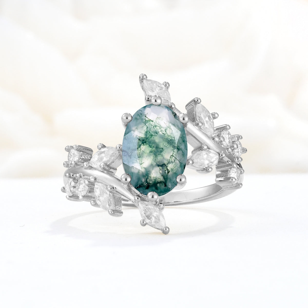 Romantic Oval Cut Marquise Leaf Cluster Moss Agate Engagement Ring - Additional view