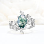 Romantic Oval Cut Marquise Leaf Cluster Moss Agate Engagement Ring - Additional view