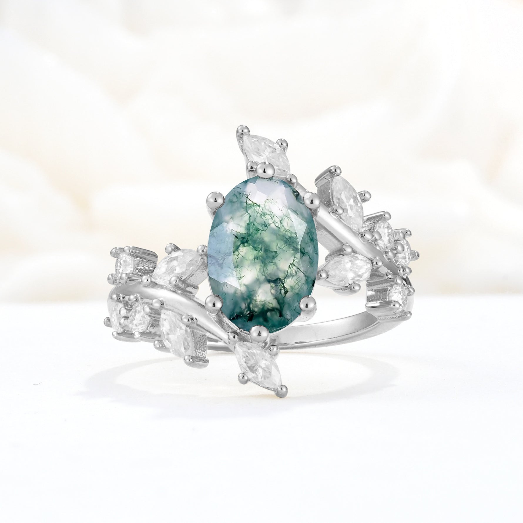 Romantic Oval Cut Marquise Leaf Cluster Moss Agate Engagement Ring - Additional view