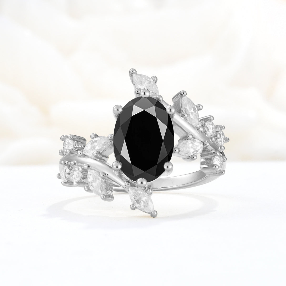 Romantic Oval Cut Marquise Leaf Cluster Black Onyx Engagement Ring - Additional view
