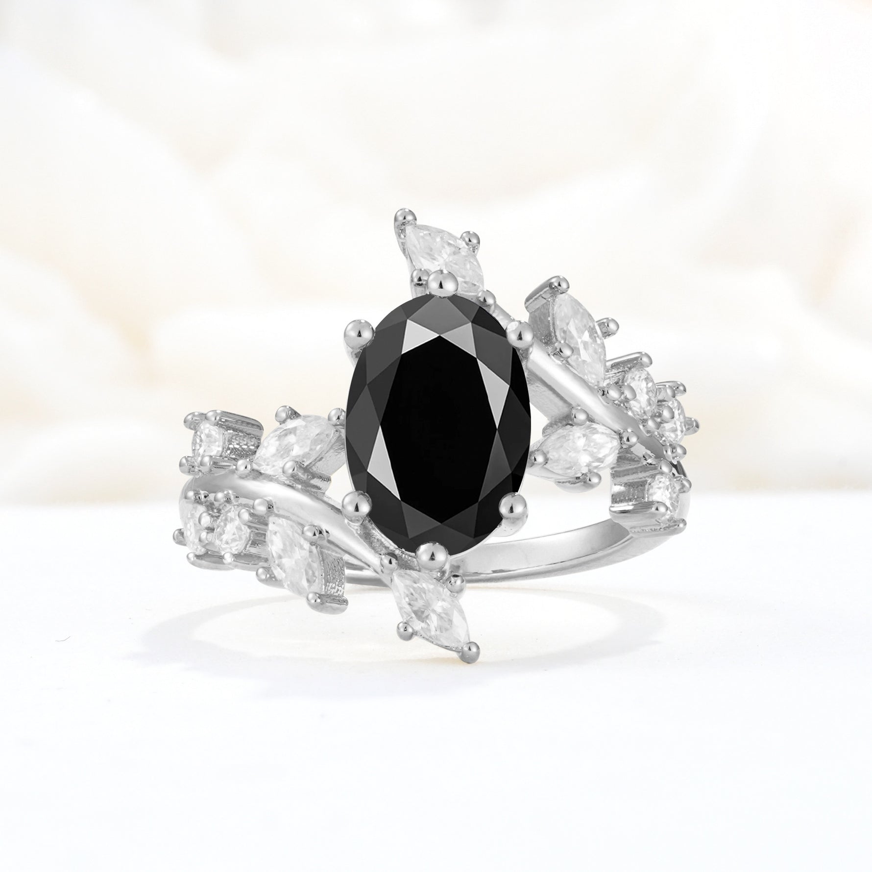 Romantic Oval Cut Marquise Leaf Cluster Black Onyx Engagement Ring - Additional view