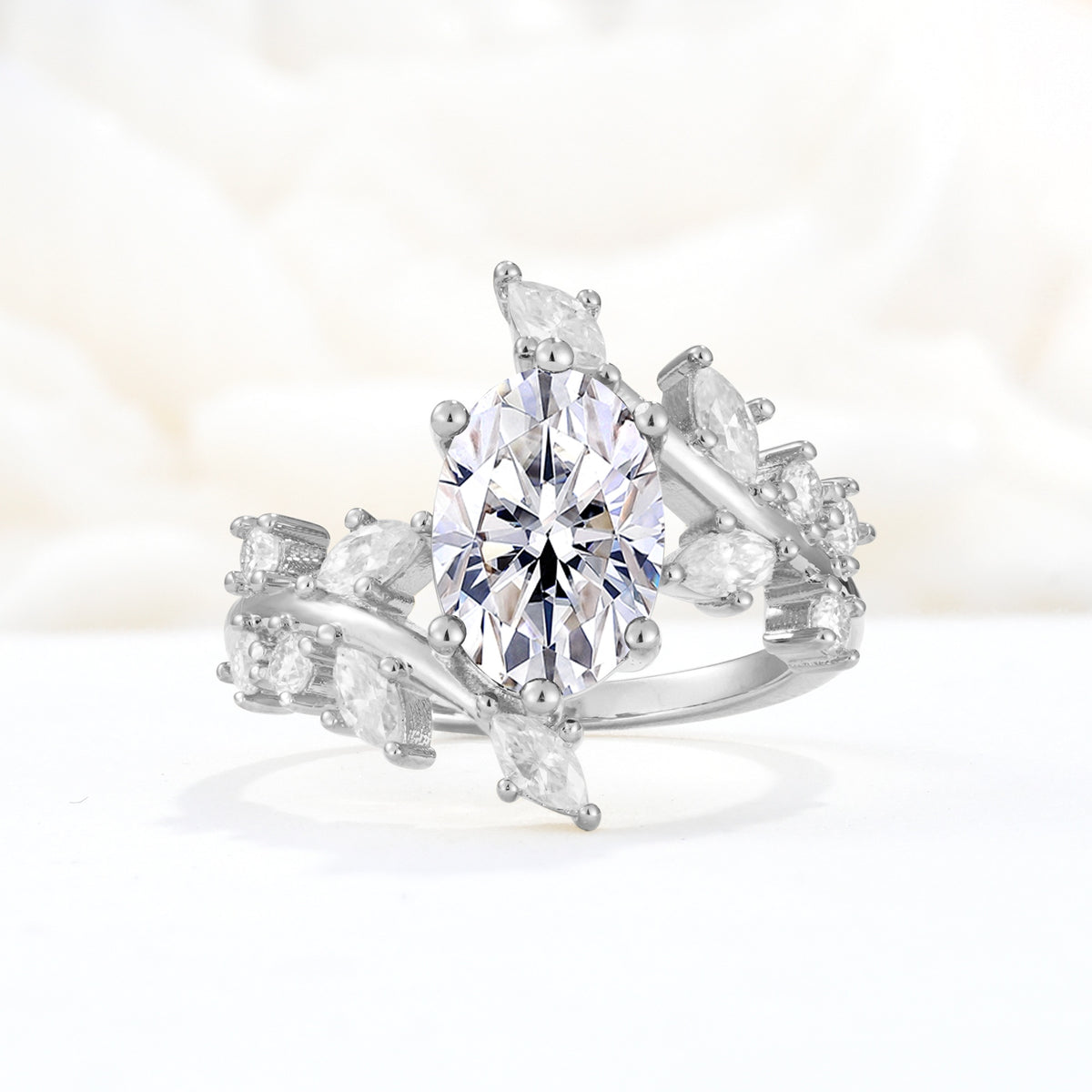 Romantic Oval Cut Marquise Leaf Cluster Lab Diamond Engagement Ring - Additional view