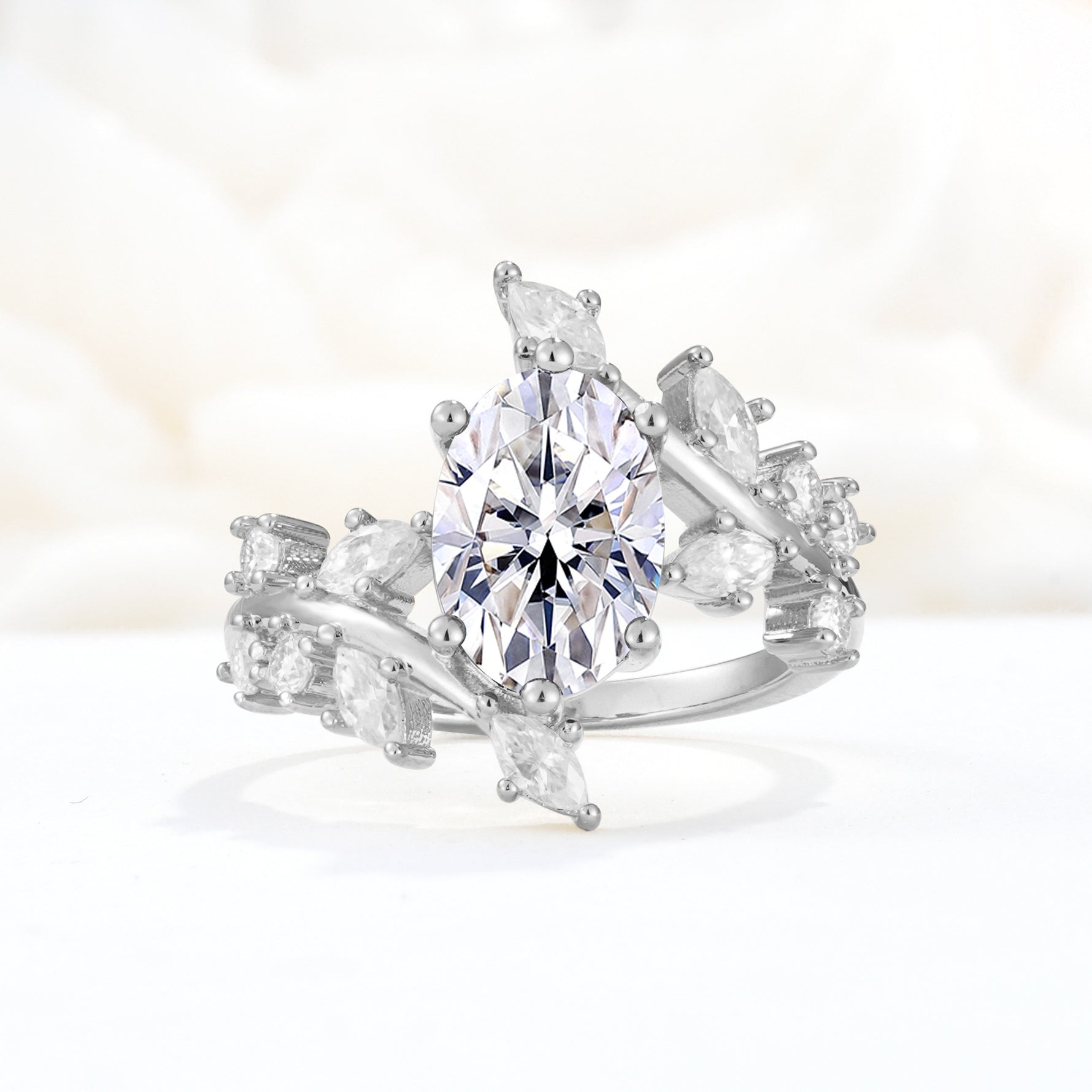 Romantic Oval Cut Marquise Leaf Cluster Lab Diamond Engagement Ring - Additional view