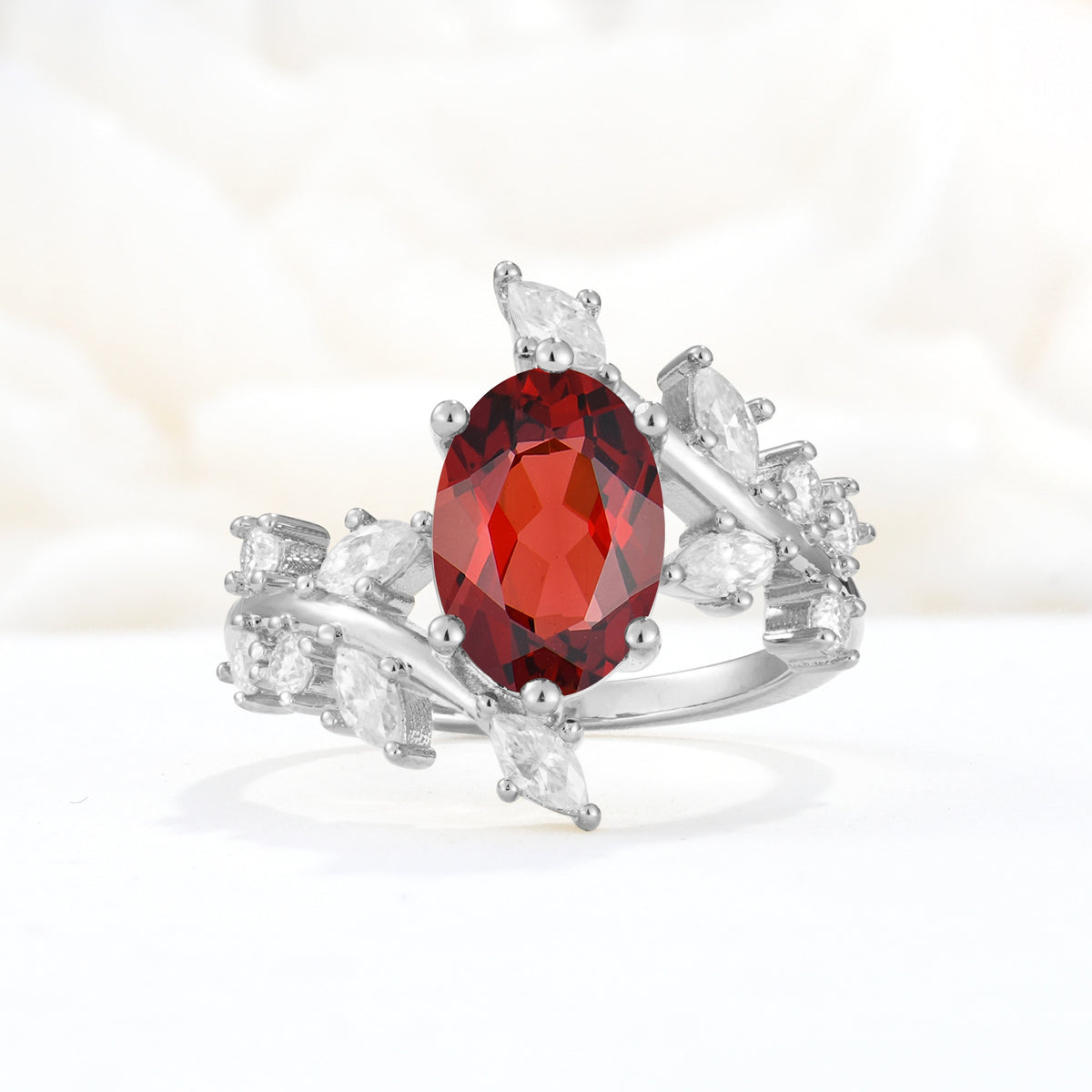 Romantic Oval Cut Marquise Leaf Cluster Garnet Engagement Ring - Additional view