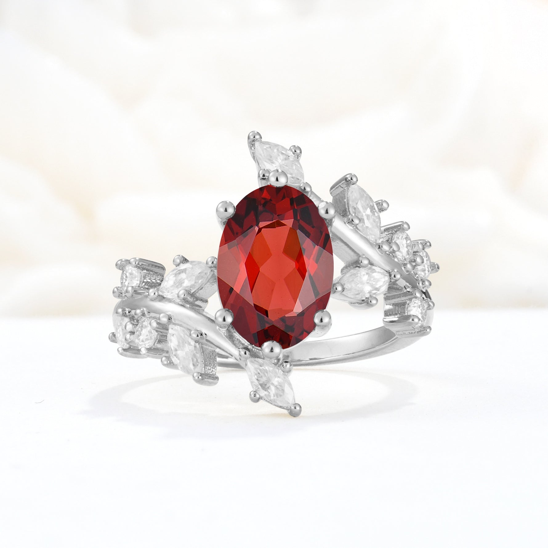 Romantic Oval Cut Marquise Leaf Cluster Garnet Engagement Ring - Additional view
