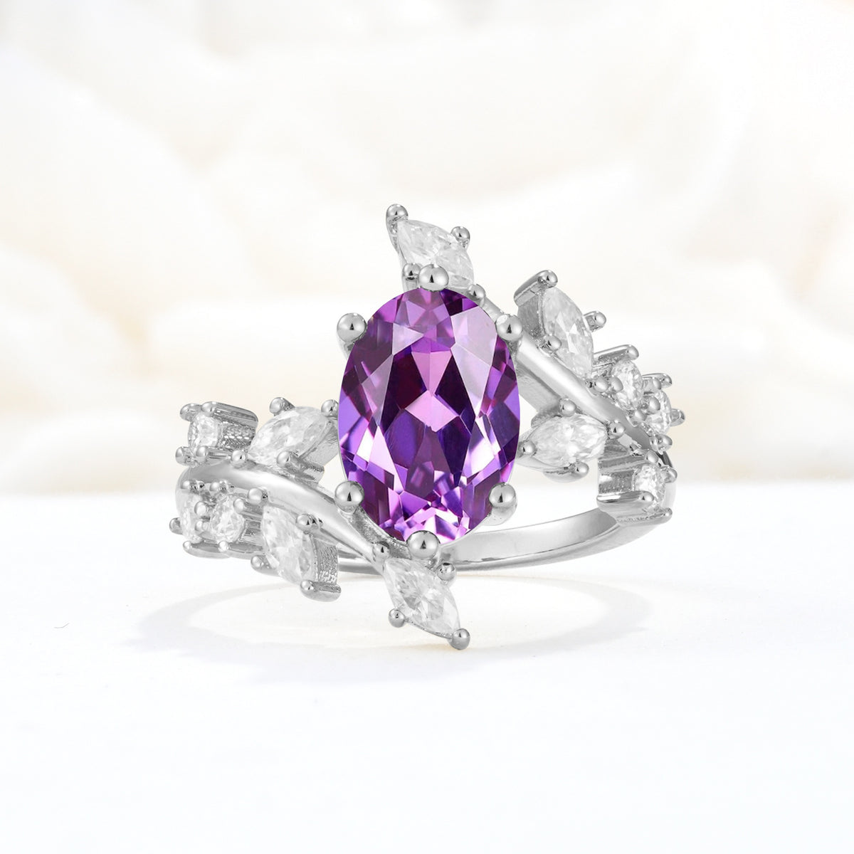 Romantic Oval Cut Marquise Leaf Cluster Amethyst Engagement Ring - Additional view