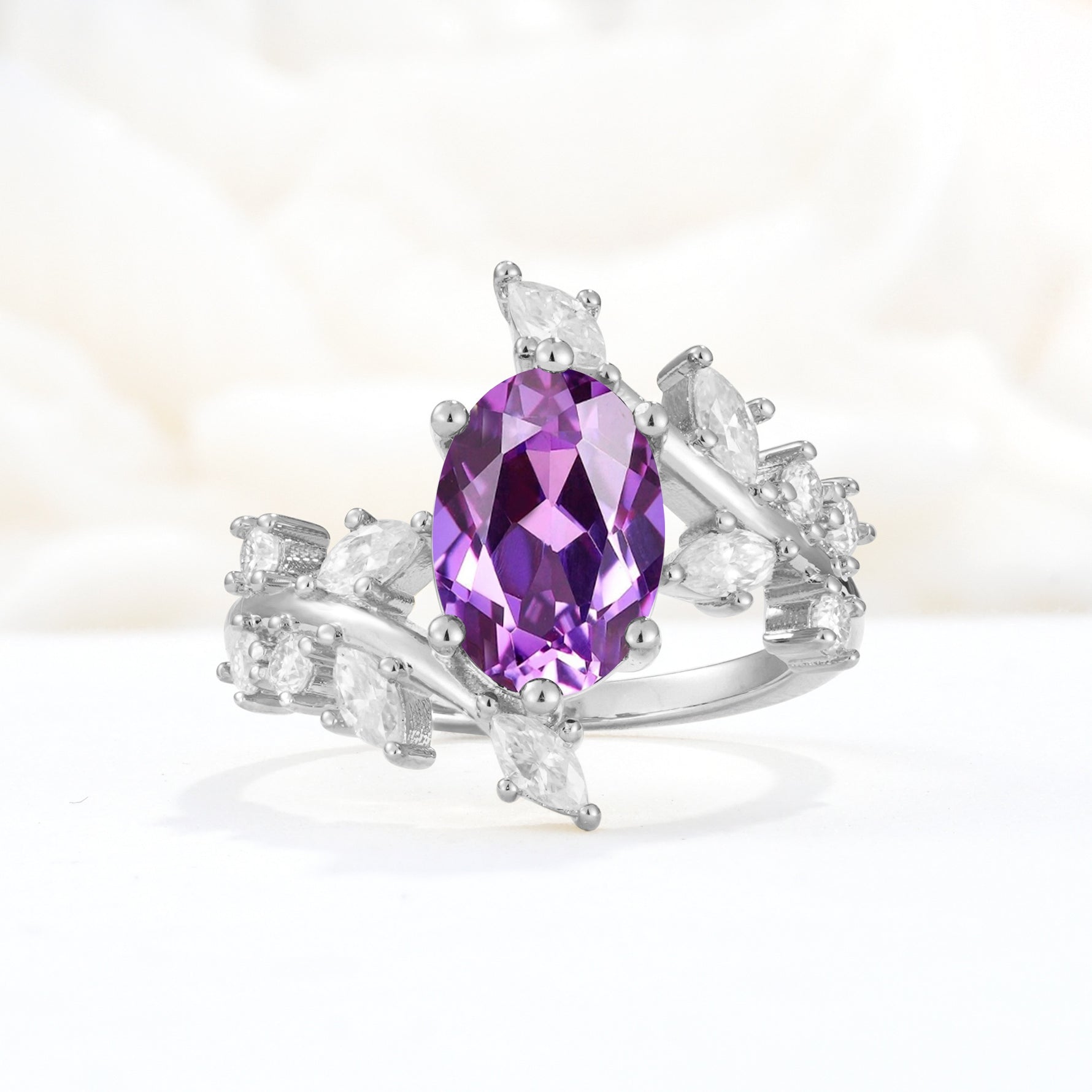 Romantic Oval Cut Marquise Leaf Cluster Amethyst Engagement Ring - Additional view