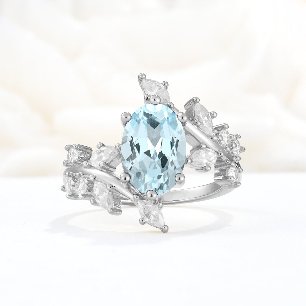 Romantic Oval Cut Marquise Leaf Cluster Aquamarine Engagement Ring - Additional view