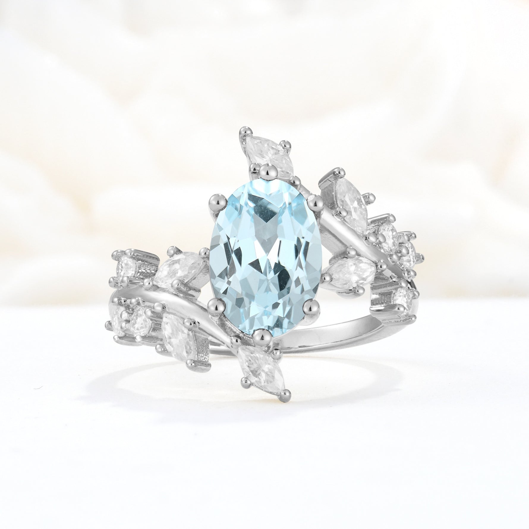 Romantic Oval Cut Marquise Leaf Cluster Aquamarine Engagement Ring - Additional view
