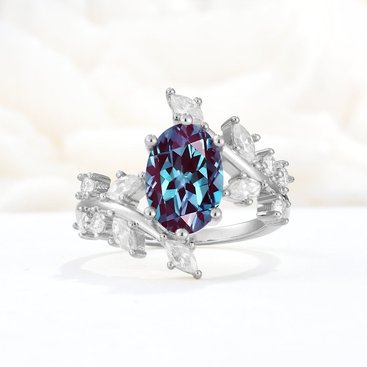 Romantic Oval Cut Marquise Leaf Cluster Alexandrite Engagement Ring - Additional view