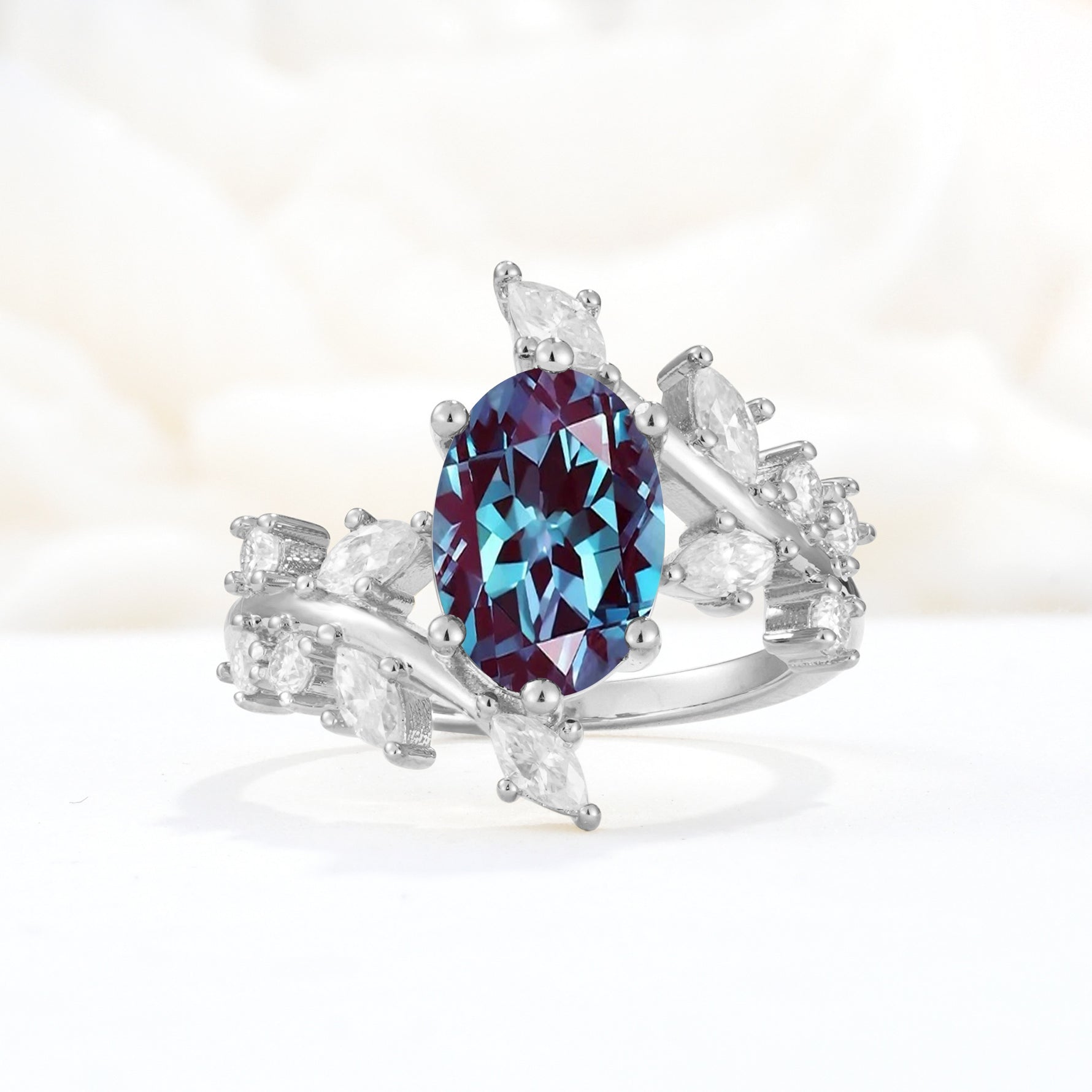 Romantic Oval Cut Marquise Leaf Cluster Alexandrite Engagement Ring - Additional view
