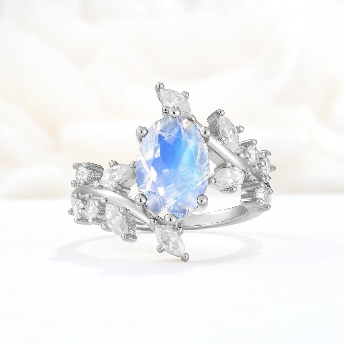 Romantic Oval Cut Marquise Leaf Cluster Moonstone Engagement Ring - Additional view