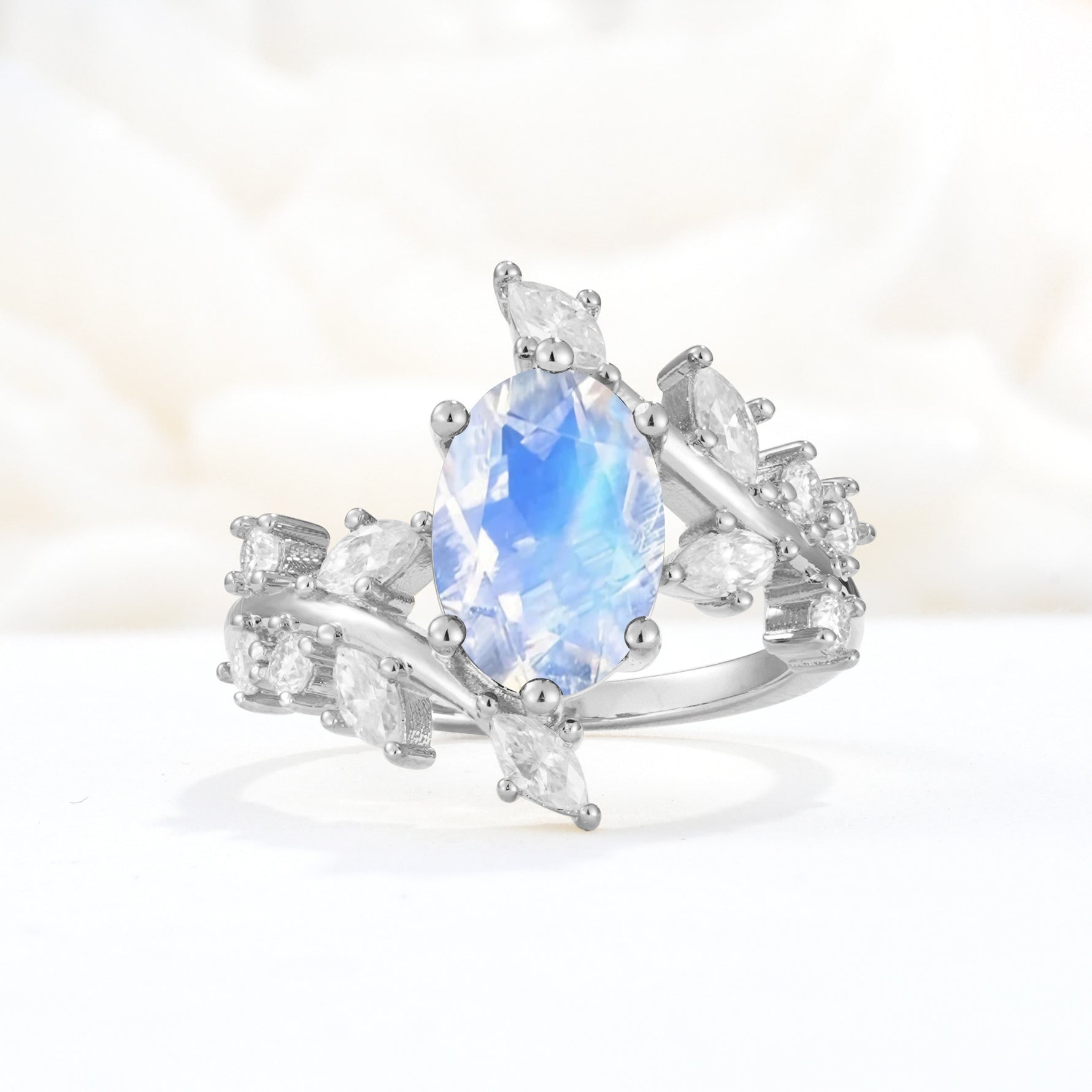 Romantic Oval Cut Marquise Leaf Cluster Moonstone Engagement Ring - Additional view