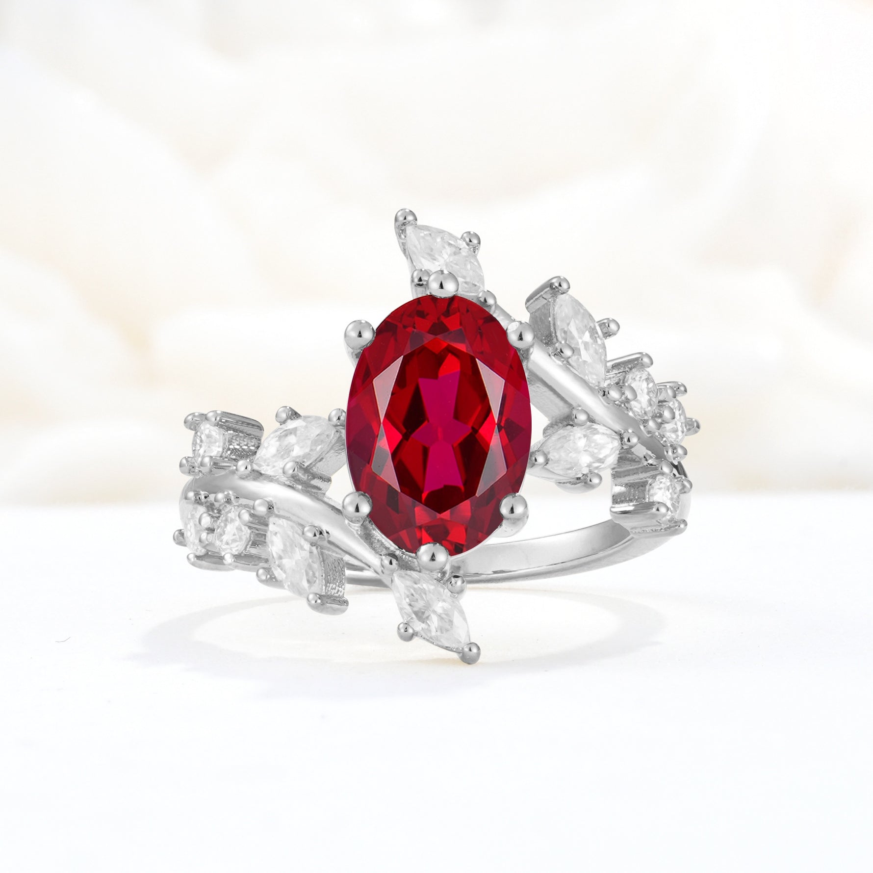 Romantic Oval Cut Marquise Leaf Cluster Ruby Engagement Ring - Additional view