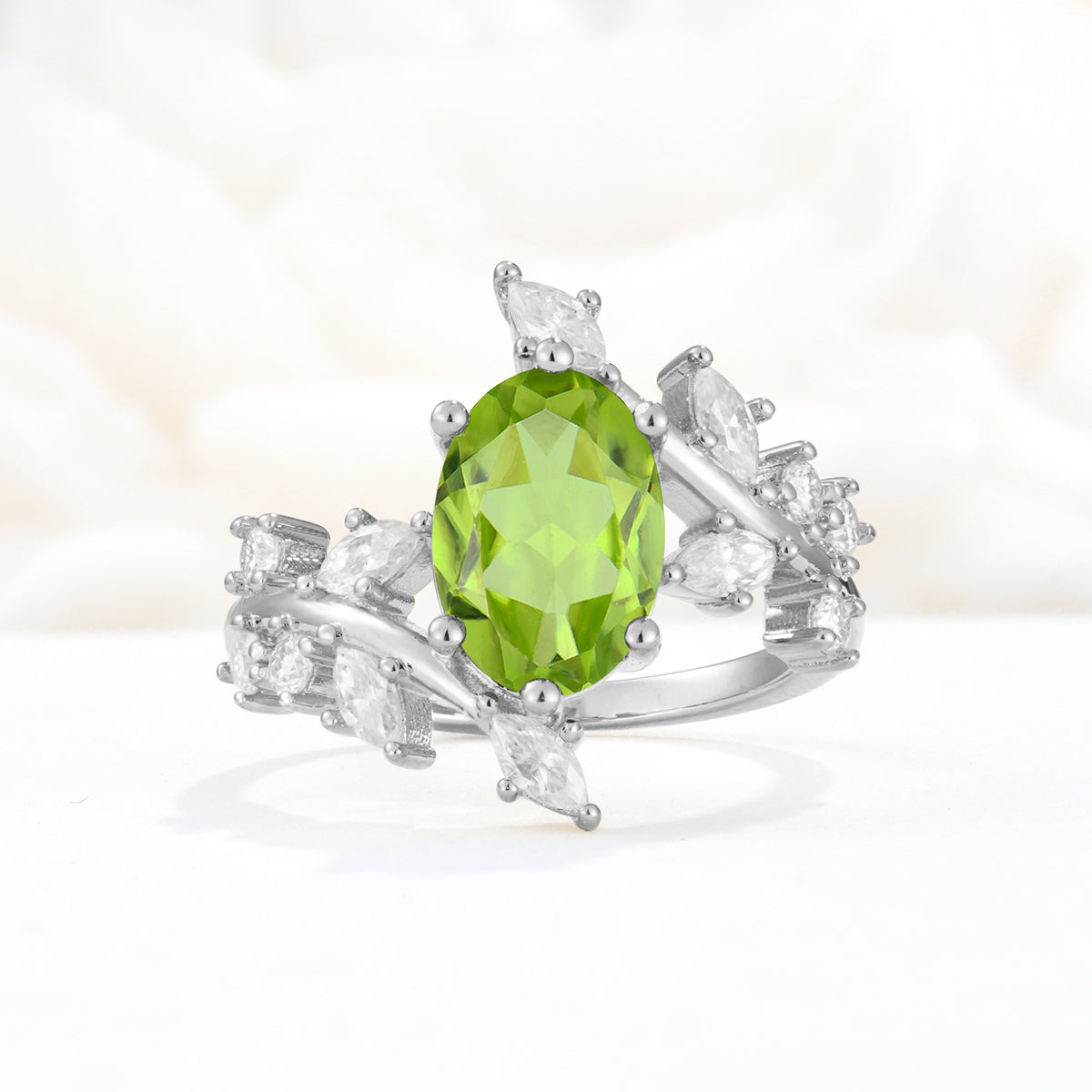 Romantic Oval Cut Marquise Leaf Cluster Peridot Engagement Ring - Additional view