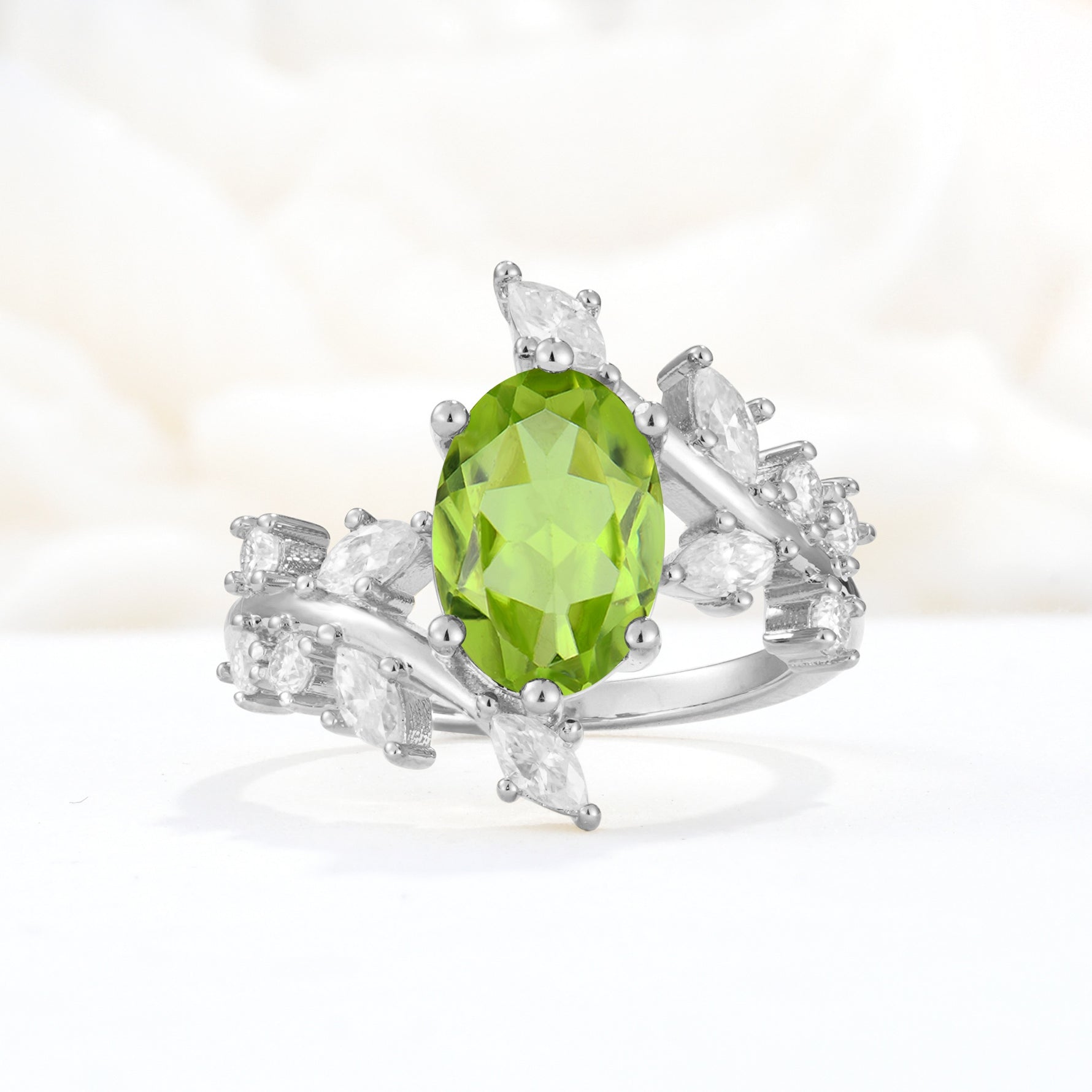 Romantic Oval Cut Marquise Leaf Cluster Peridot Engagement Ring - Additional view