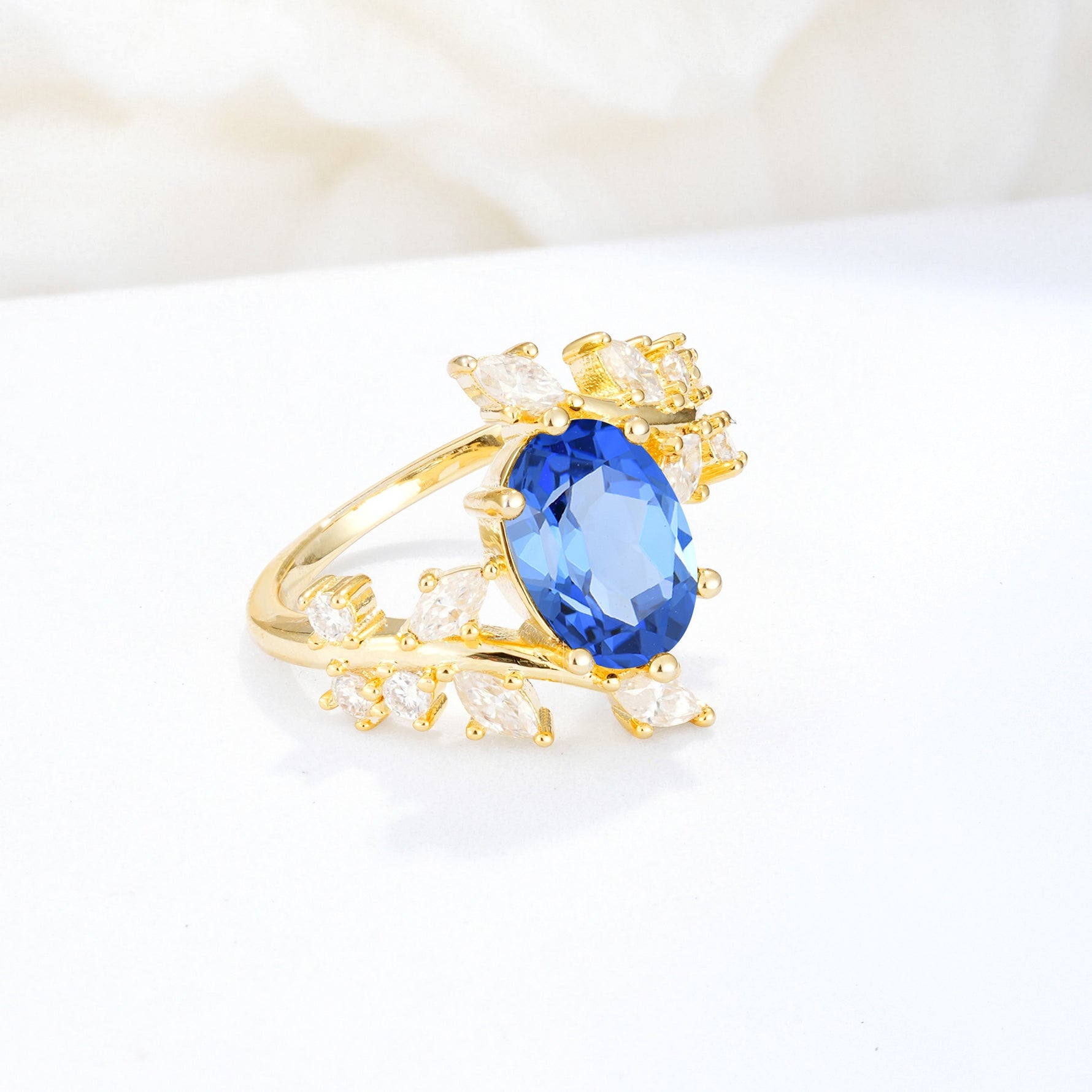 Romantic Oval Cut Marquise Leaf Cluster Sapphire Engagement Ring - Additional view