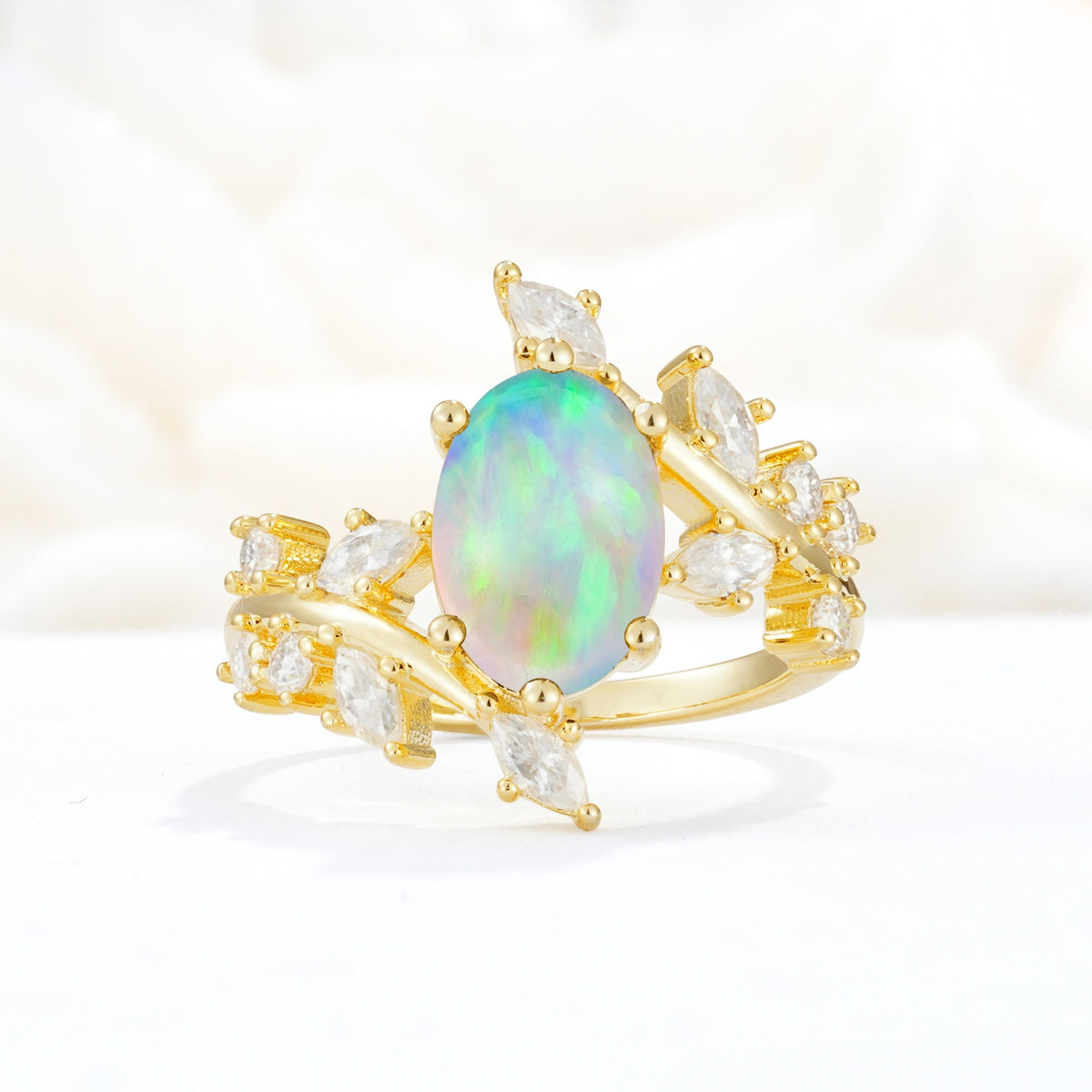 Romantic Oval Cut Marquise Leaf Cluster Fire Opal Engagement Ring - Additional view
