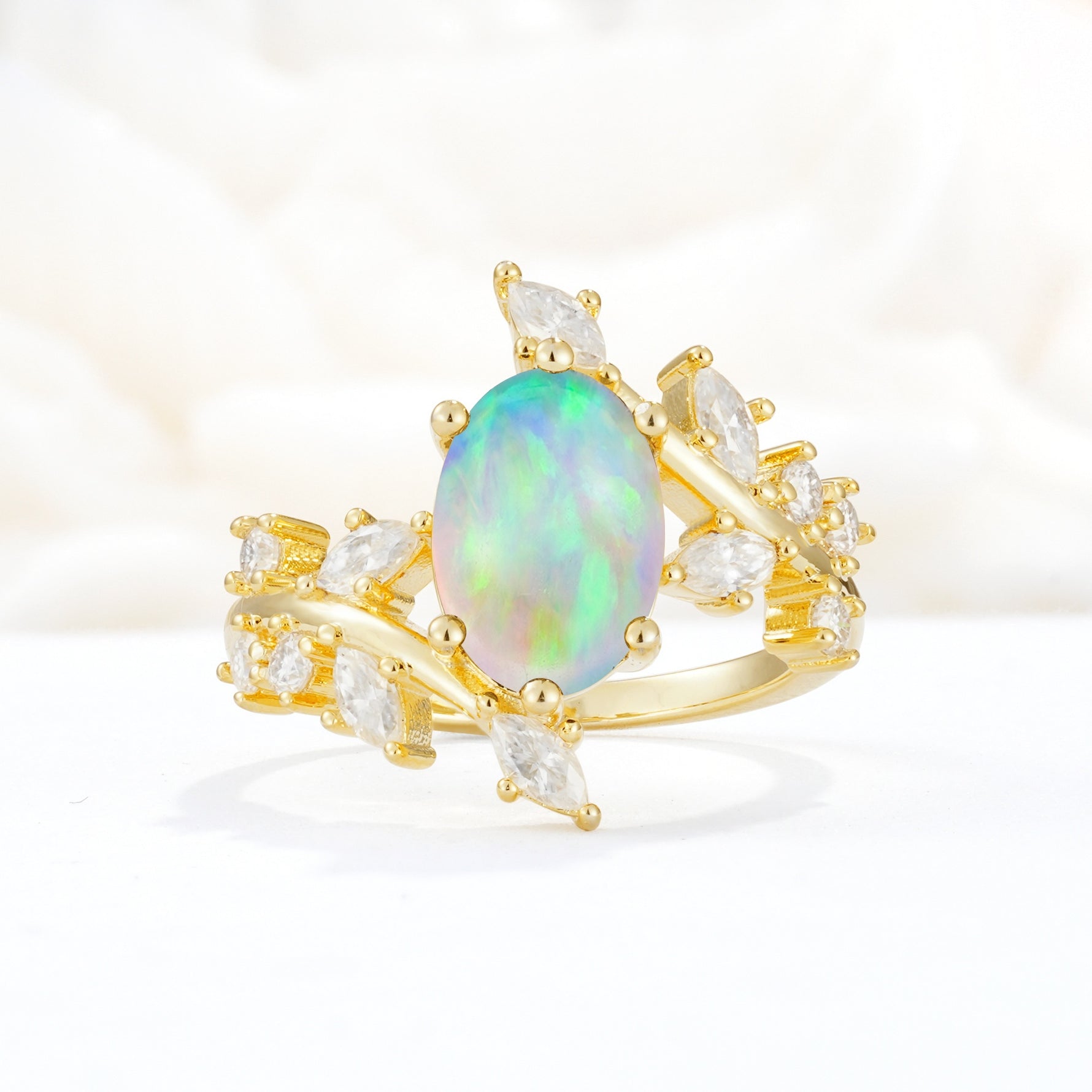 Romantic Oval Cut Marquise Leaf Cluster Fire Opal Engagement Ring - Additional view