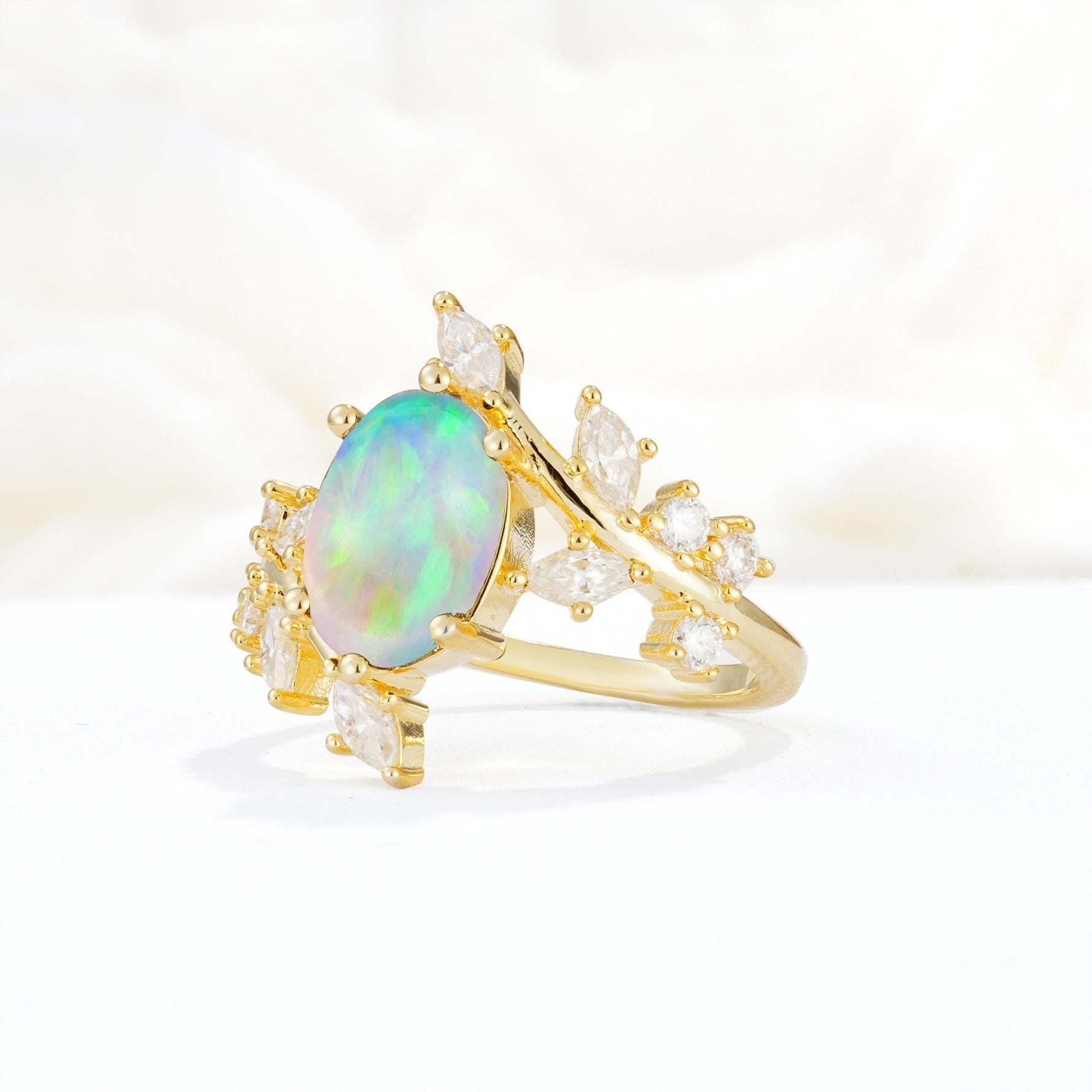 Romantic Oval Cut Marquise Leaf Cluster Fire Opal Engagement Ring - Additional view