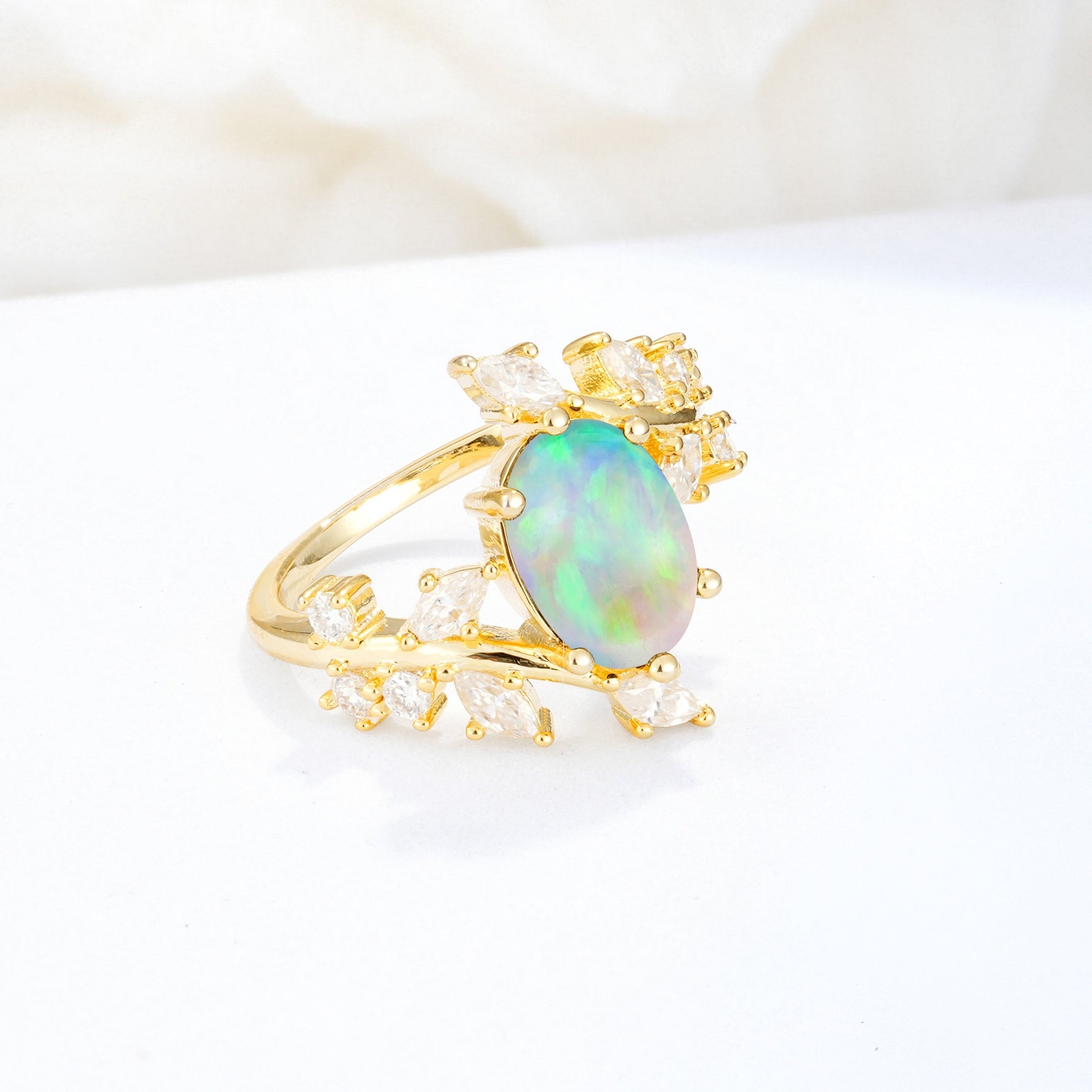 Romantic Oval Cut Marquise Leaf Cluster Fire Opal Engagement Ring - Additional view