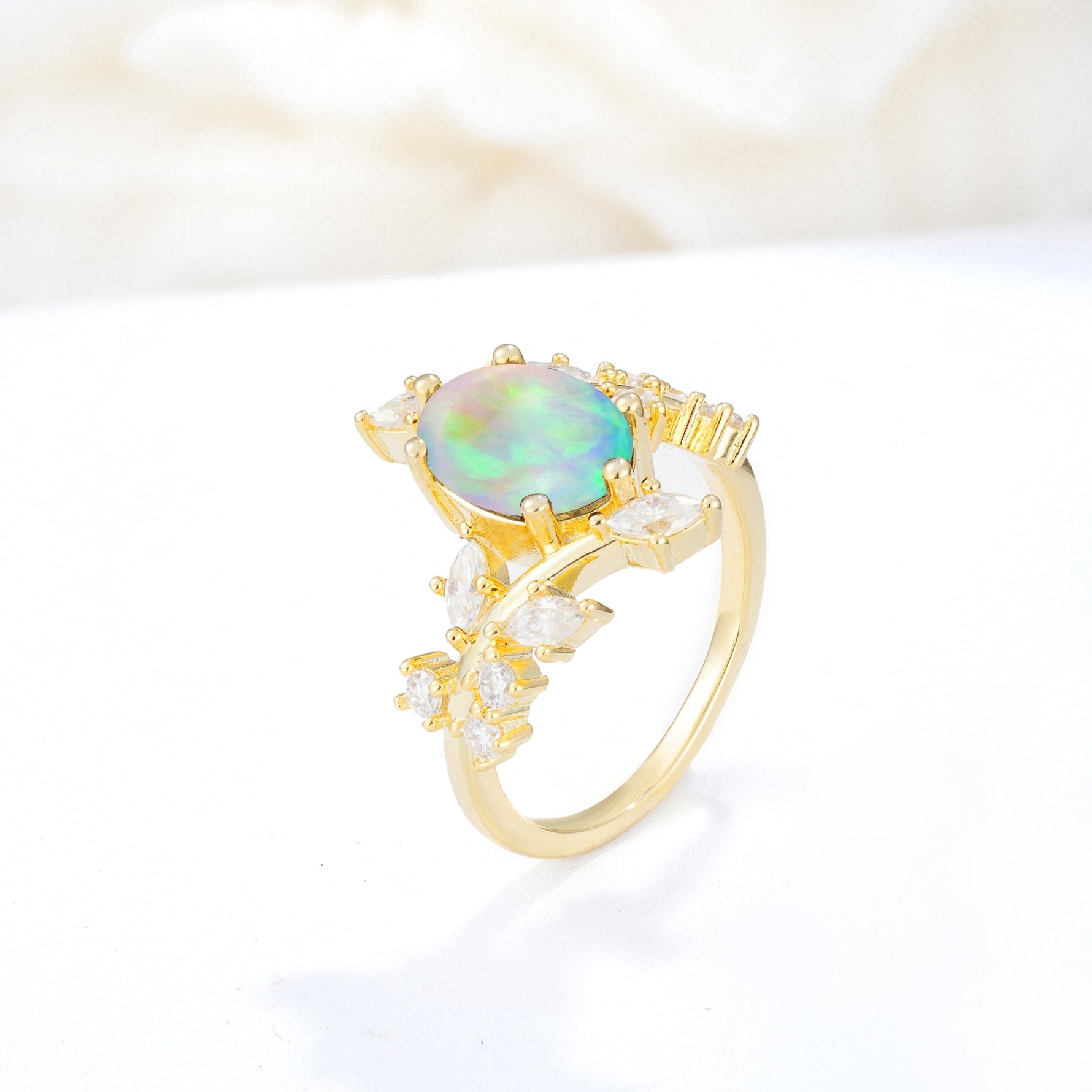 Romantic Oval Cut Marquise Leaf Cluster Fire Opal Engagement Ring - Additional view