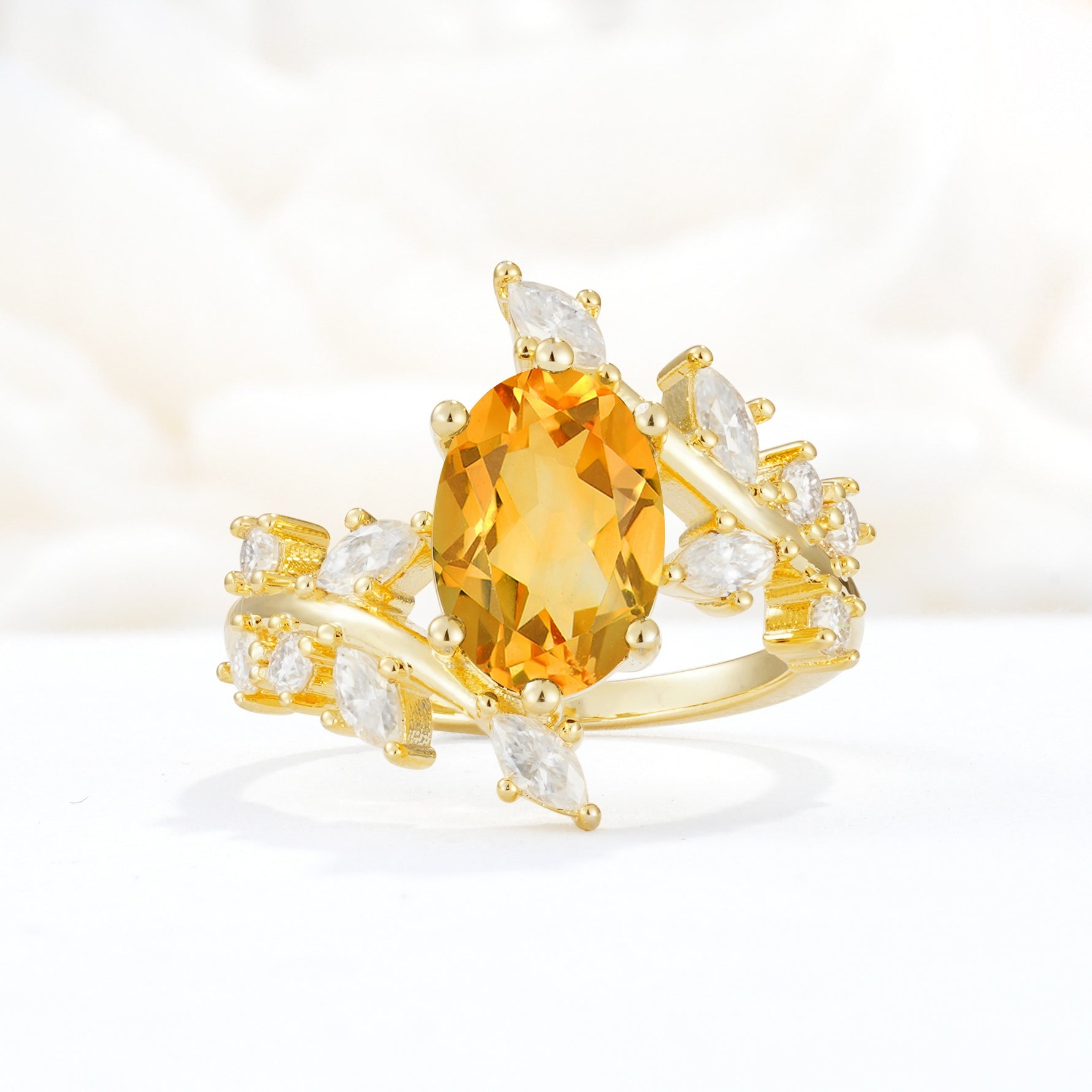 Romantic Oval Cut Marquise Leaf Cluster Citrine Engagement Ring - Additional view