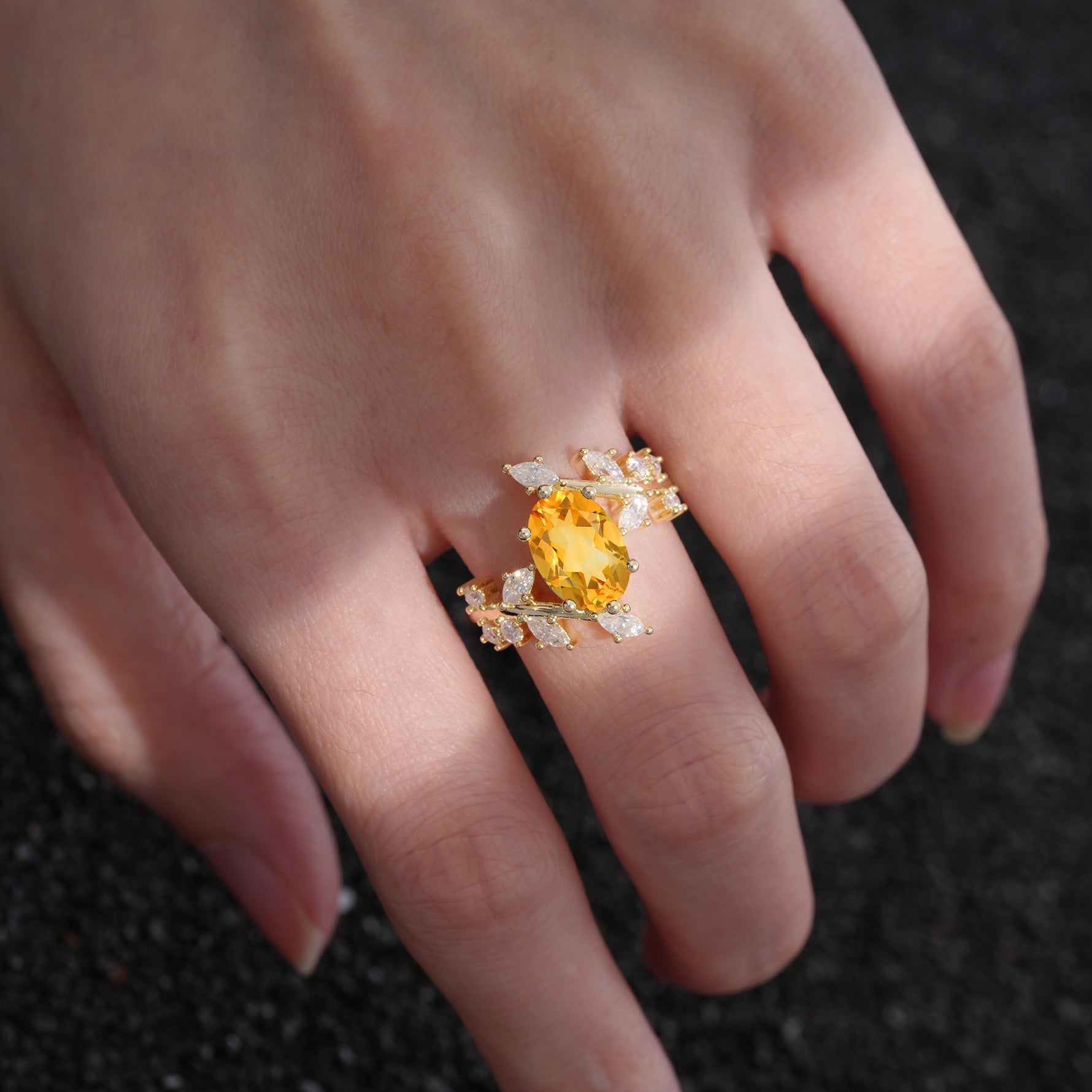Romantic Oval Cut Marquise Leaf Cluster Citrine Engagement Ring - Additional view