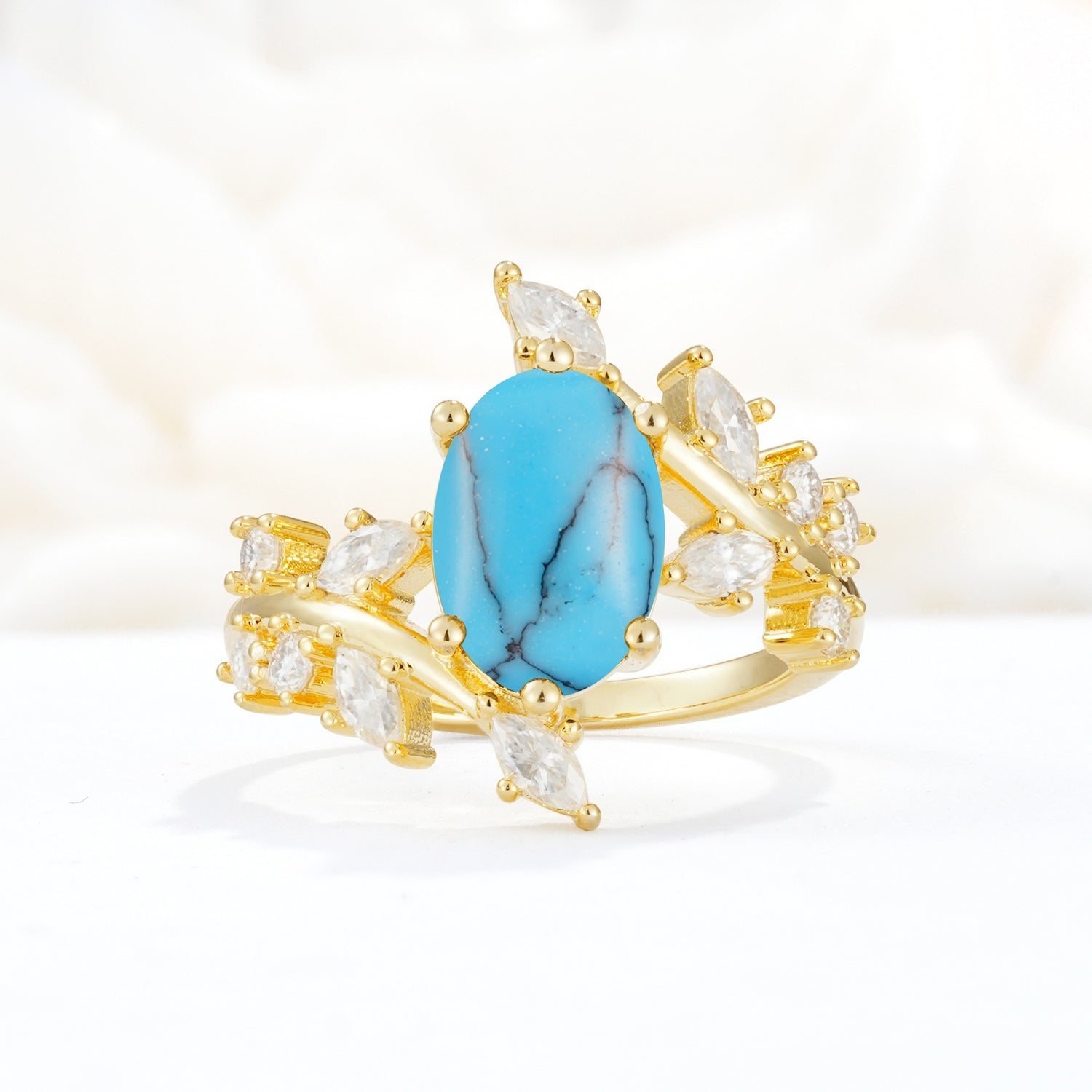 Romantic Oval Cut Marquise Leaf Cluster Turquoise Engagement Ring - Additional view