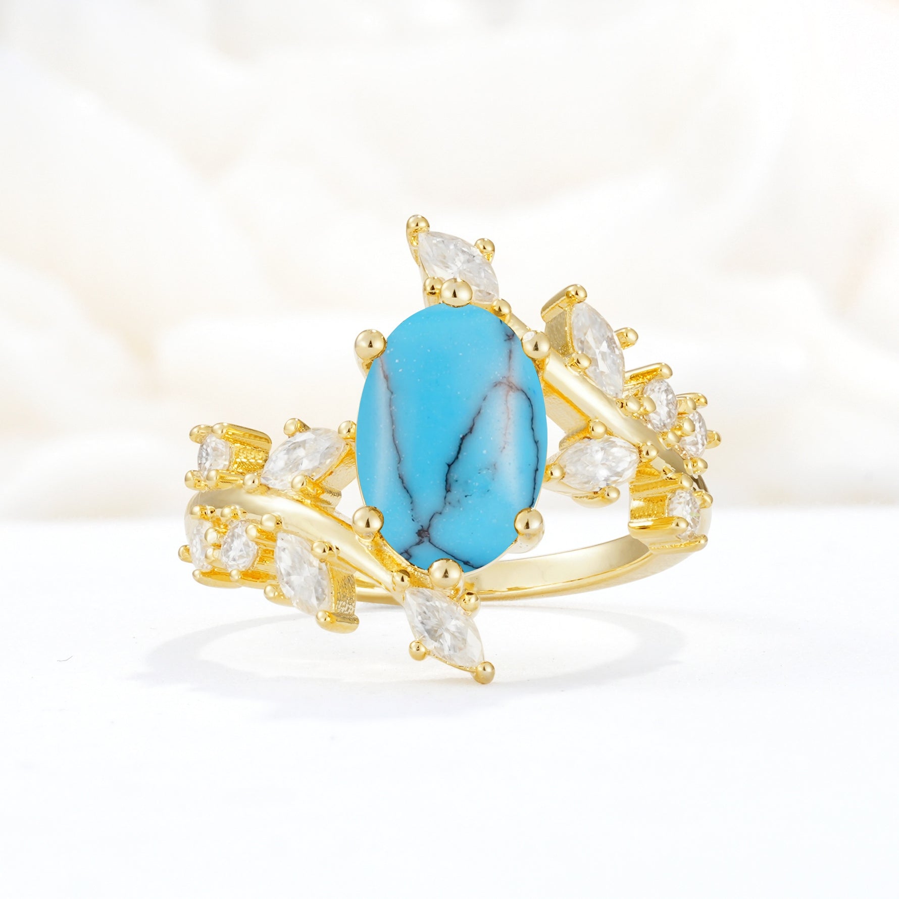 Romantic Oval Cut Marquise Leaf Cluster Turquoise Engagement Ring - Additional view