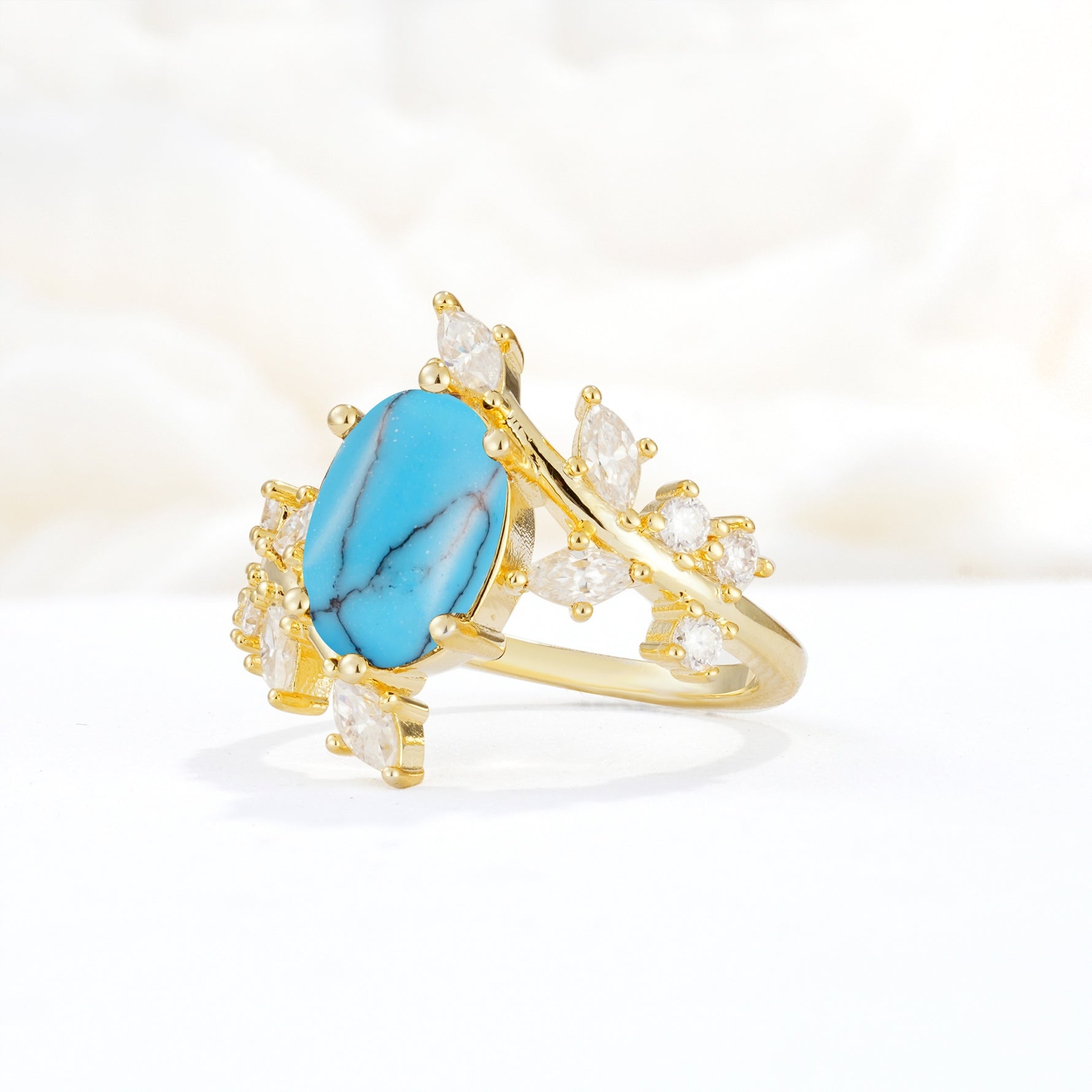 Romantic Oval Cut Marquise Leaf Cluster Turquoise Engagement Ring - Additional view