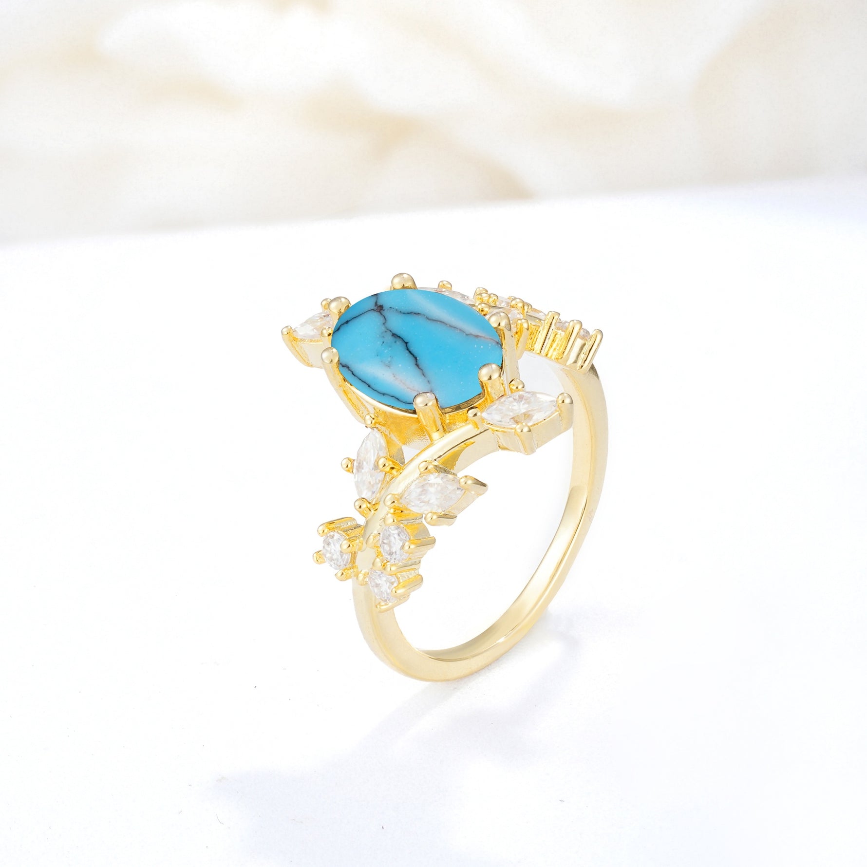 Romantic Oval Cut Marquise Leaf Cluster Turquoise Engagement Ring - Additional view