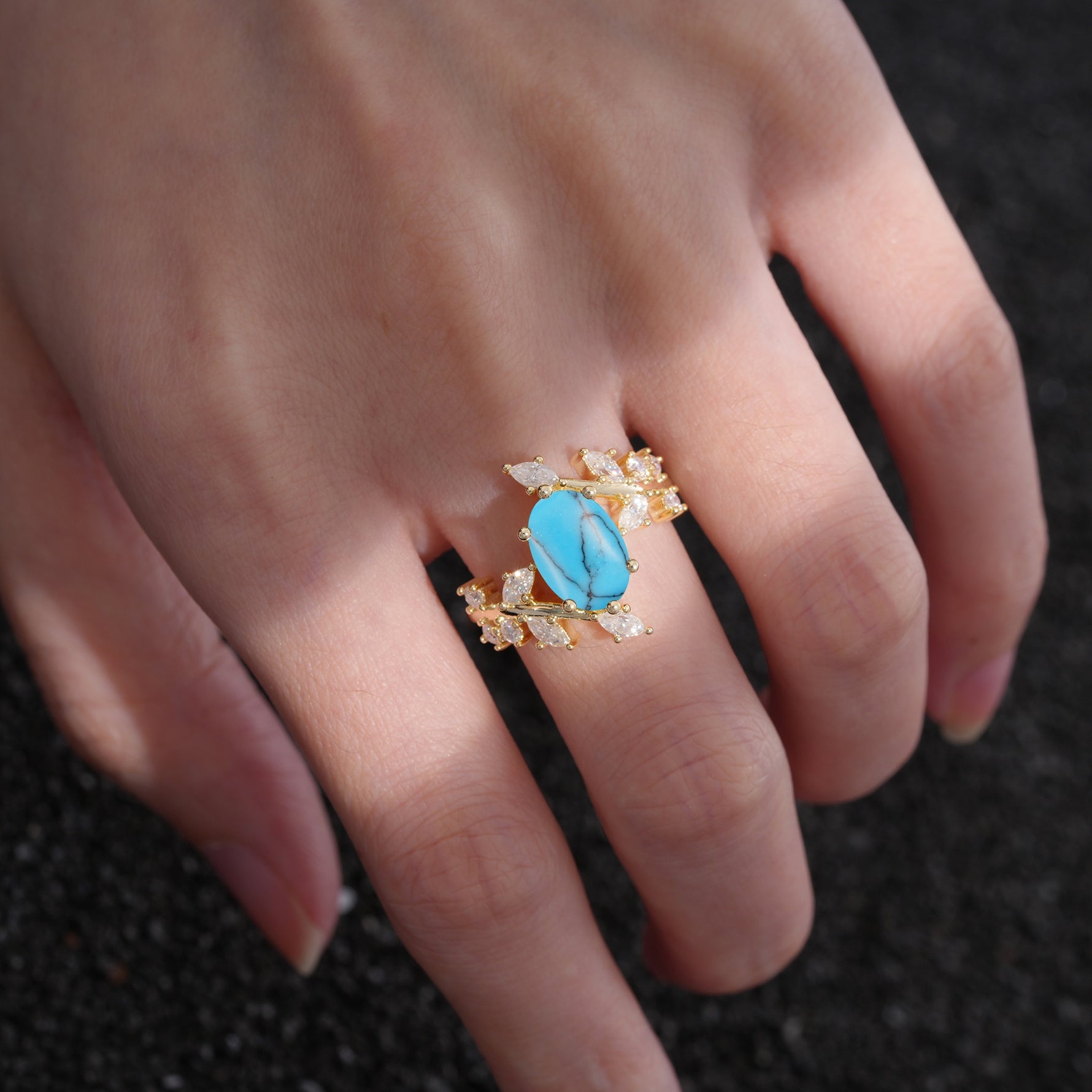 Romantic Oval Cut Marquise Leaf Cluster Turquoise Engagement Ring - Additional view
