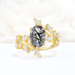 Romantic Oval Cut Marquise Leaf Cluster Black Rutilated Quartz Engagement Ring - Additional view