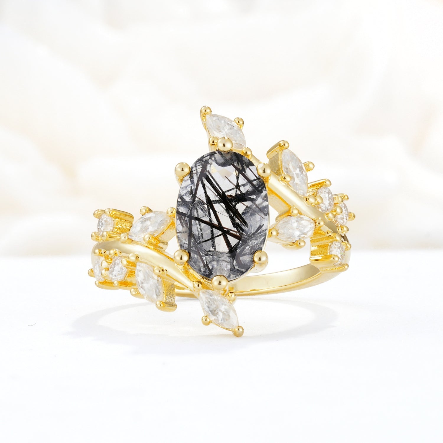 Romantic Oval Cut Marquise Leaf Cluster Black Rutilated Quartz Engagement Ring - Additional view