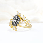 Romantic Oval Cut Marquise Leaf Cluster Black Rutilated Quartz Engagement Ring - Additional view