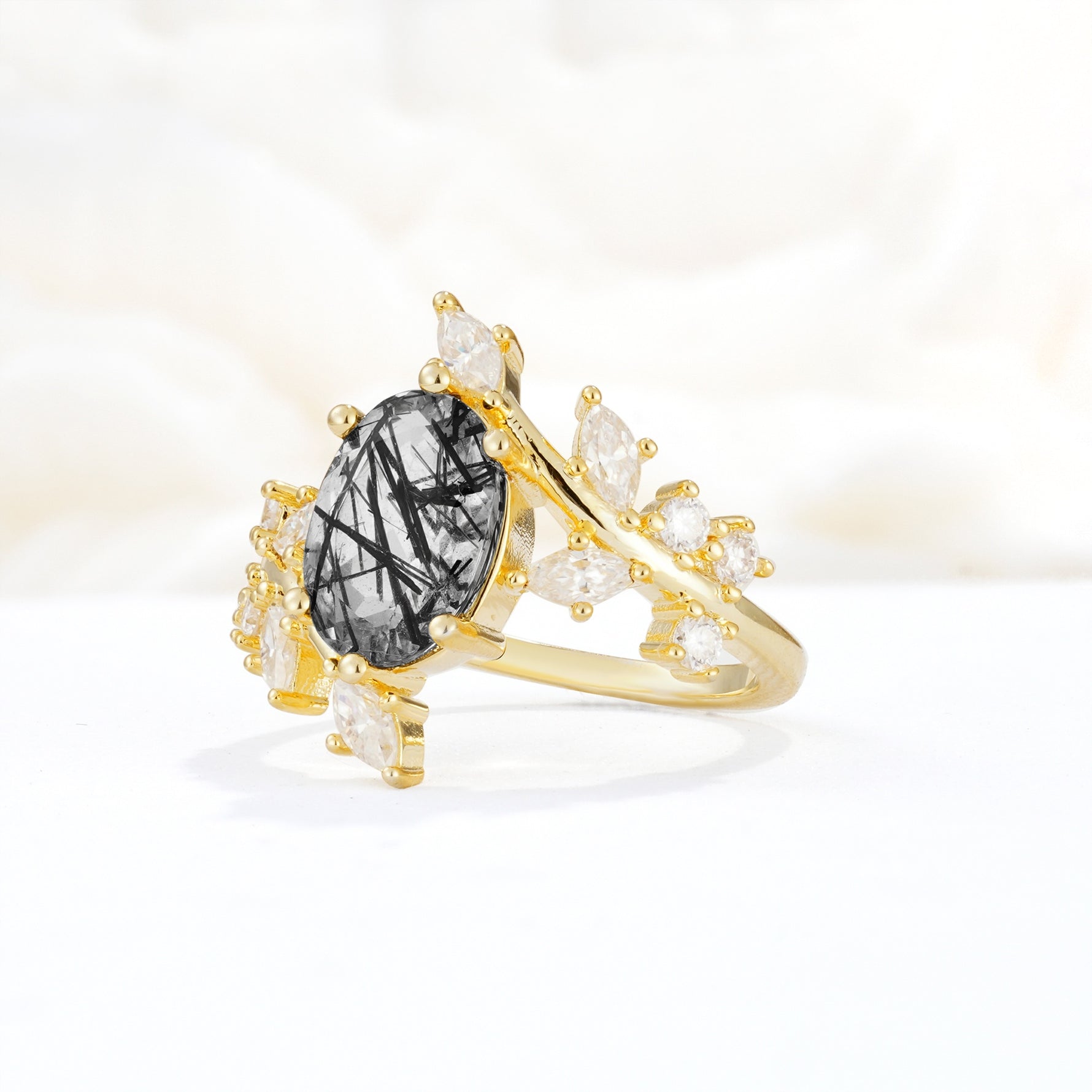 Romantic Oval Cut Marquise Leaf Cluster Black Rutilated Quartz Engagement Ring - Additional view
