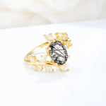 Romantic Oval Cut Marquise Leaf Cluster Black Rutilated Quartz Engagement Ring - Additional view