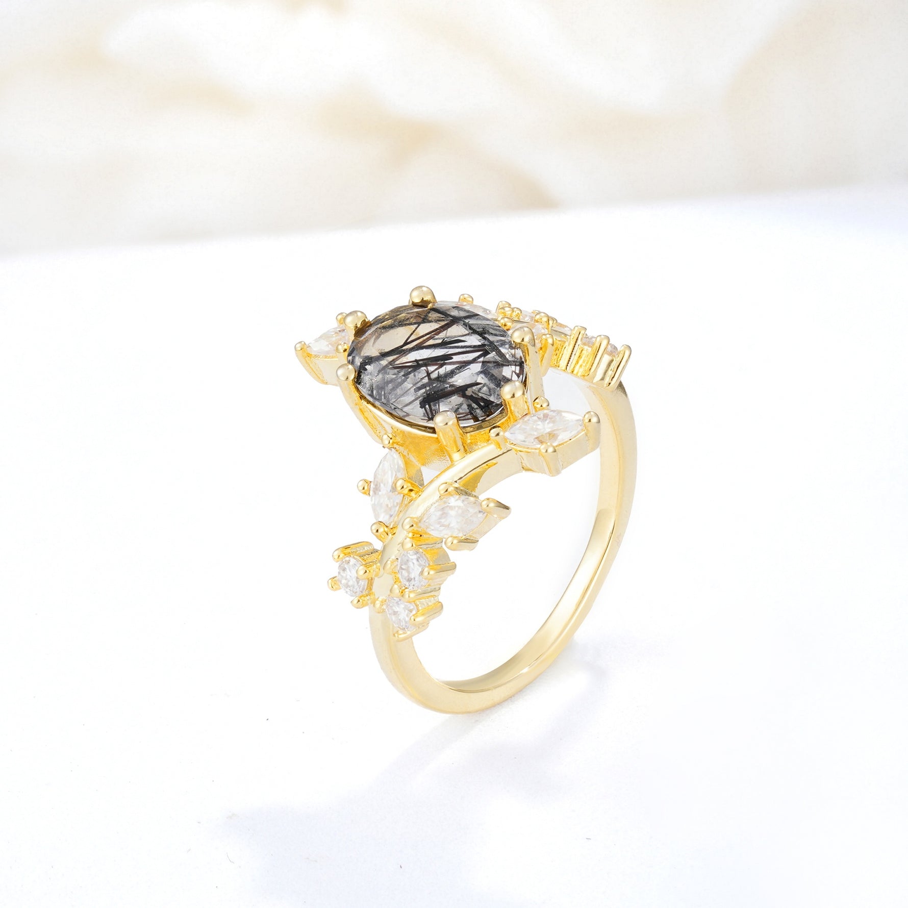 Romantic Oval Cut Marquise Leaf Cluster Black Rutilated Quartz Engagement Ring - Additional view