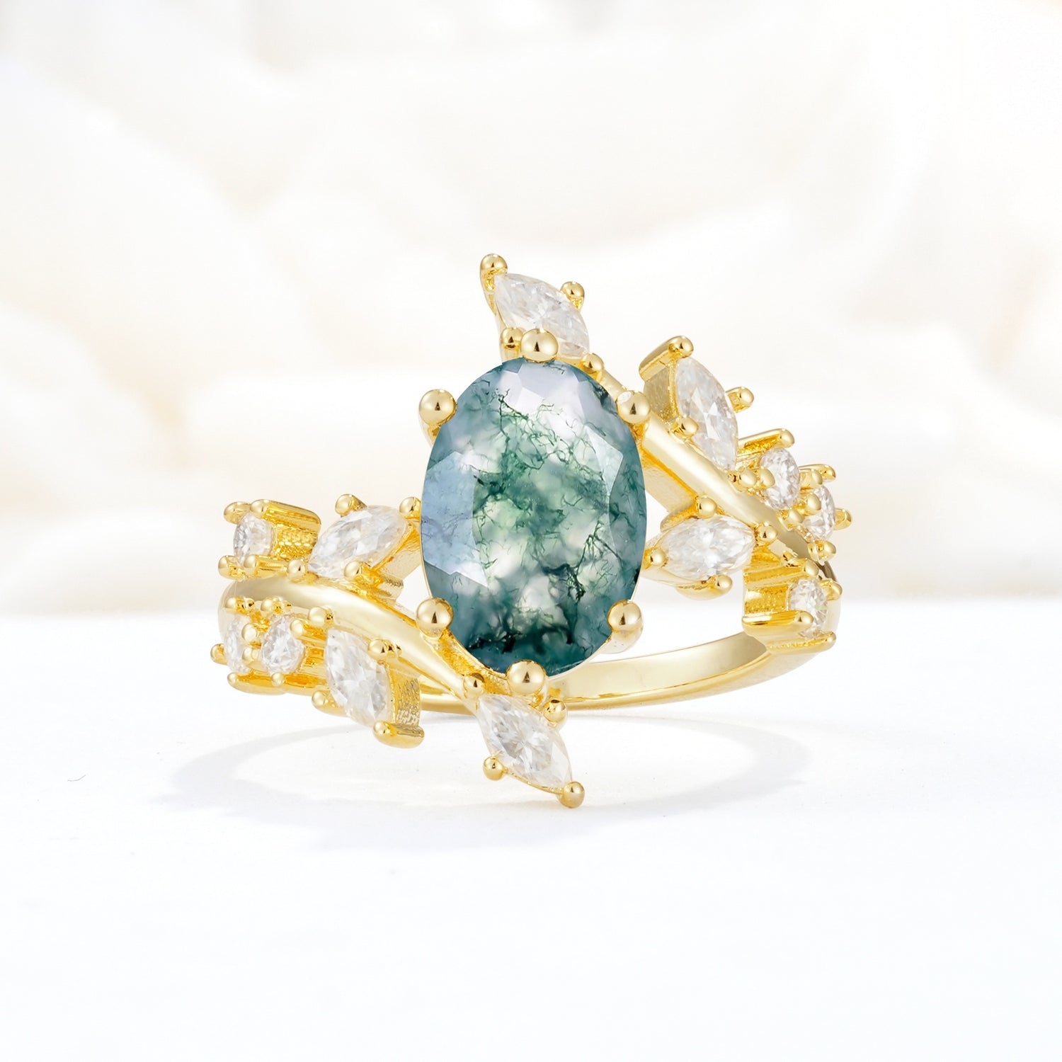 Romantic Oval Cut Marquise Leaf Cluster Moss Agate Engagement Ring - Additional view