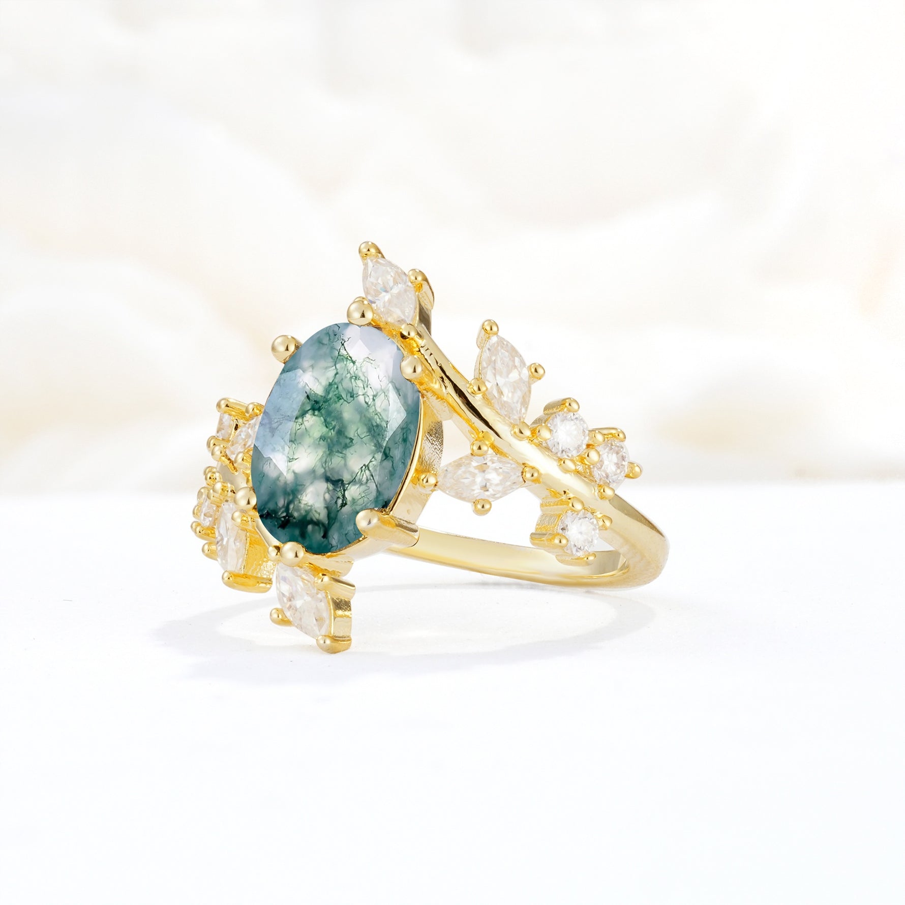 Romantic Oval Cut Marquise Leaf Cluster Moss Agate Engagement Ring - Additional view