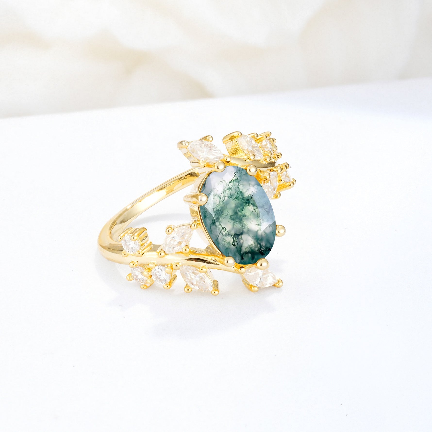 Romantic Oval Cut Marquise Leaf Cluster Moss Agate Engagement Ring - Additional view