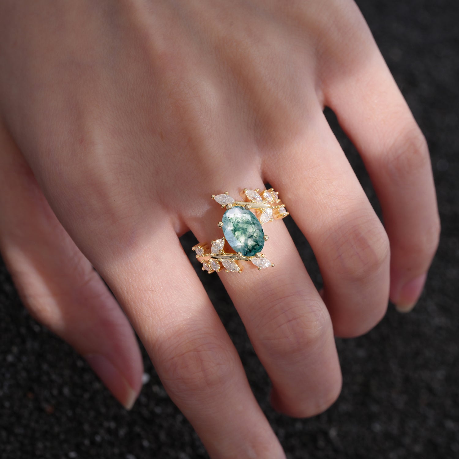 Romantic Oval Cut Marquise Leaf Cluster Moss Agate Engagement Ring